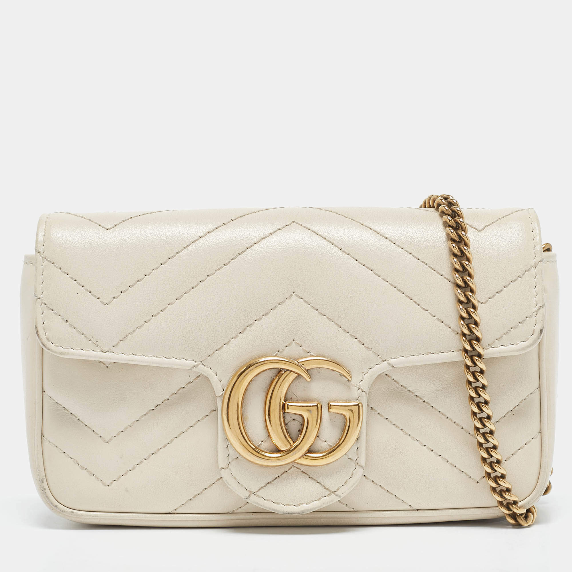 Gucci Off White Matelassé Leather Super Mini GG Marmont Shoulder Bag