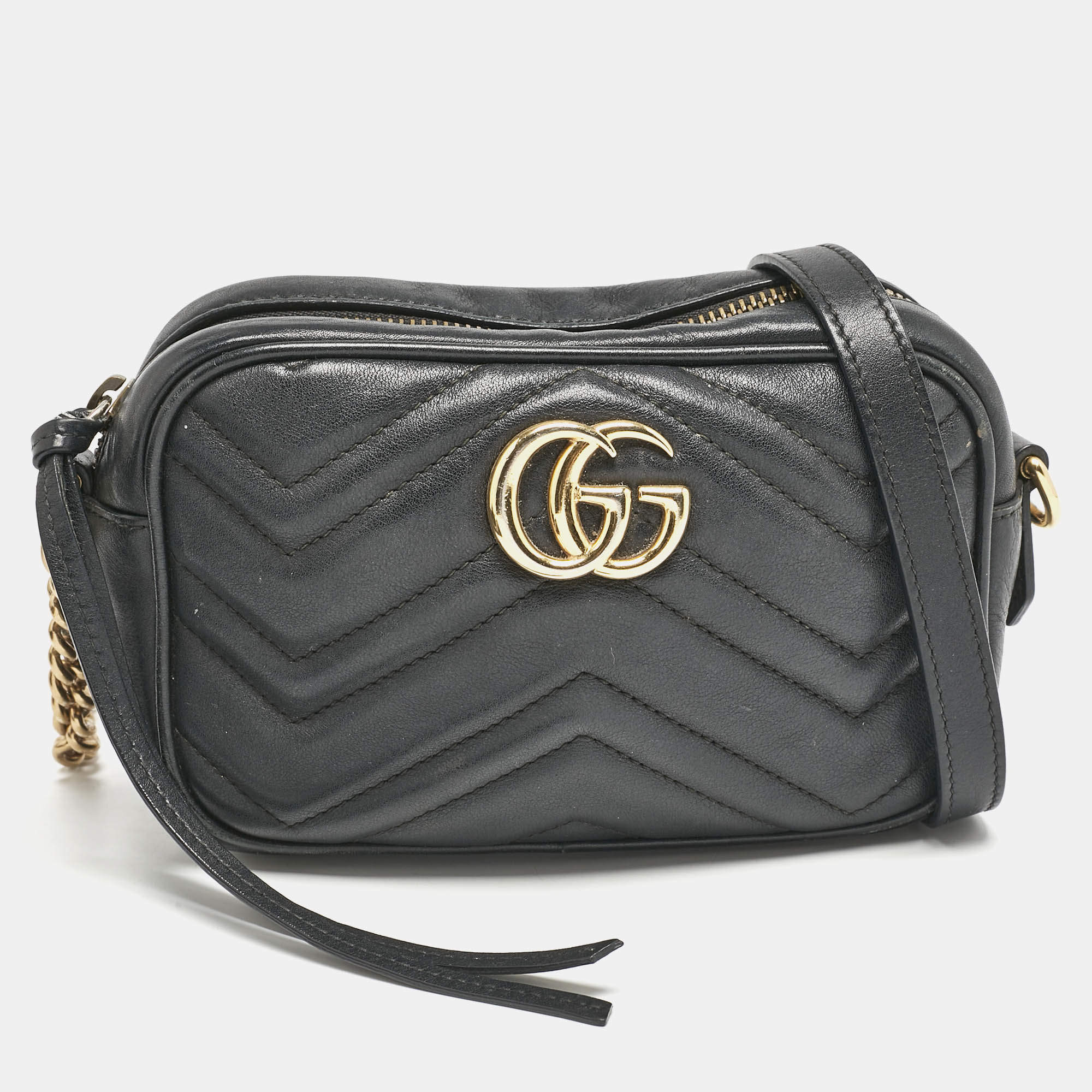 Gucci Black Matelassé Leather Mini GG Marmont Camera Bag