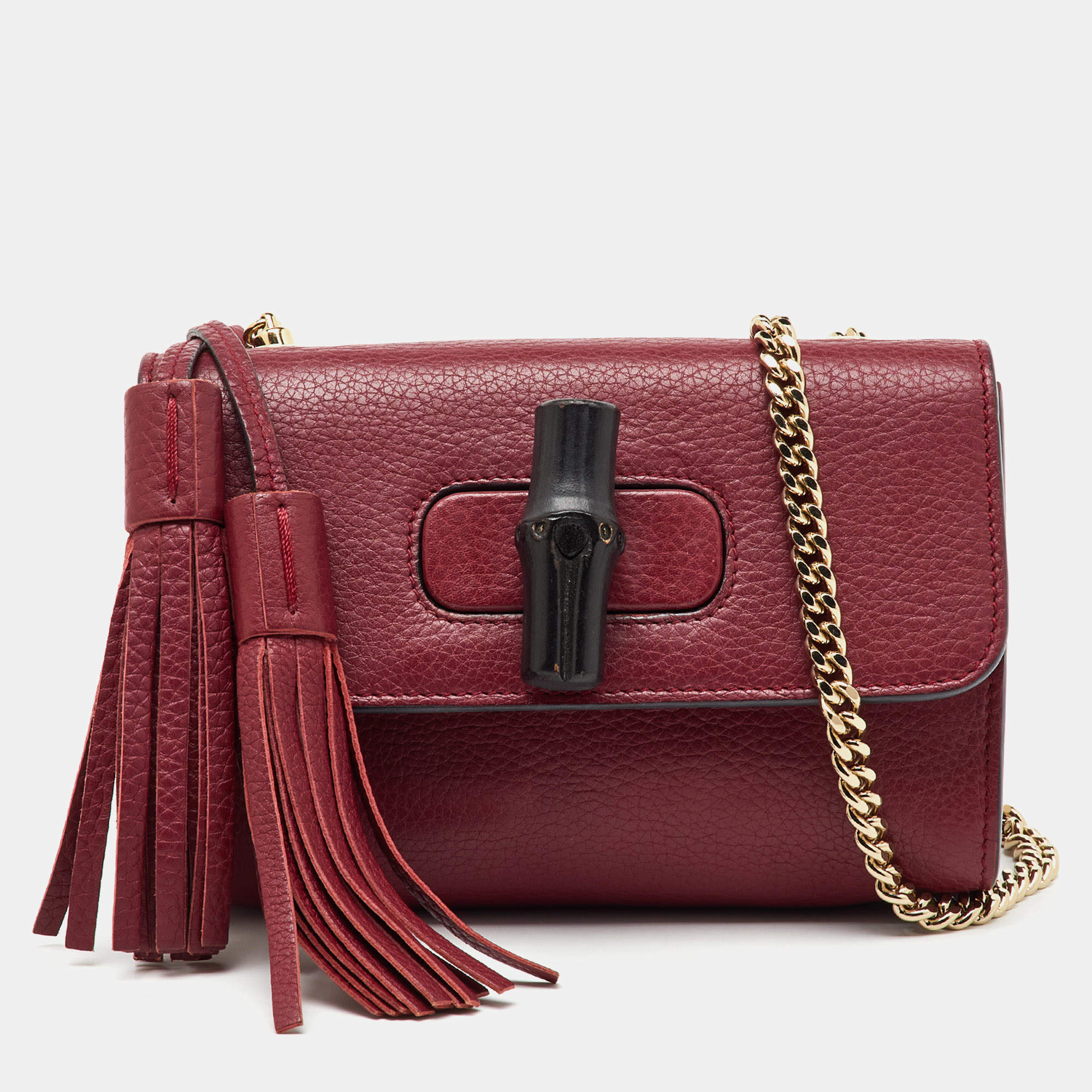 Gucci Burgundy Leather Miss Bamboo Tassel Shoulder Bag