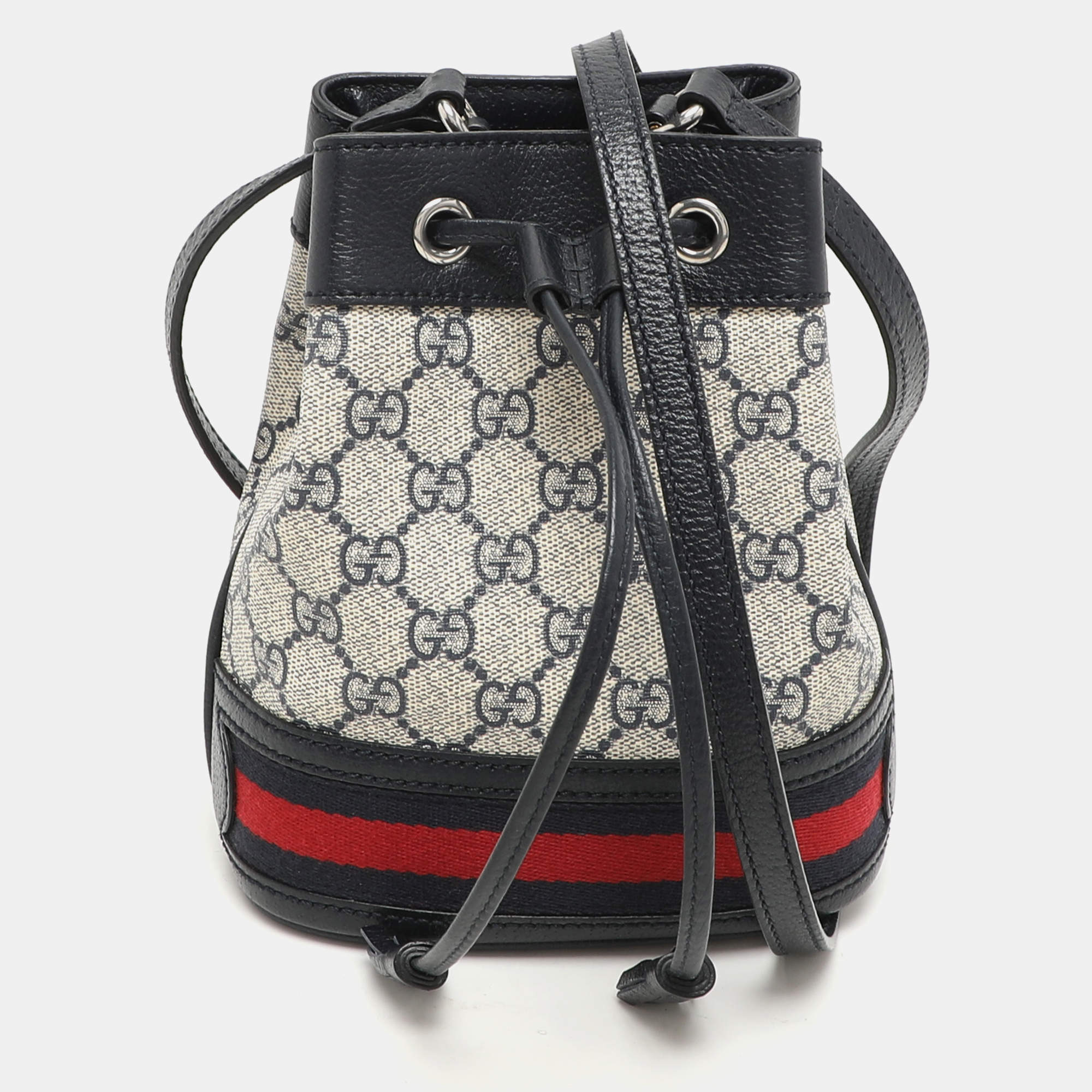 Pre Owned Gucci Blue/Beige GG Supreme Canvas and Leather Mini Ophidia Drawstring Bucket Bag