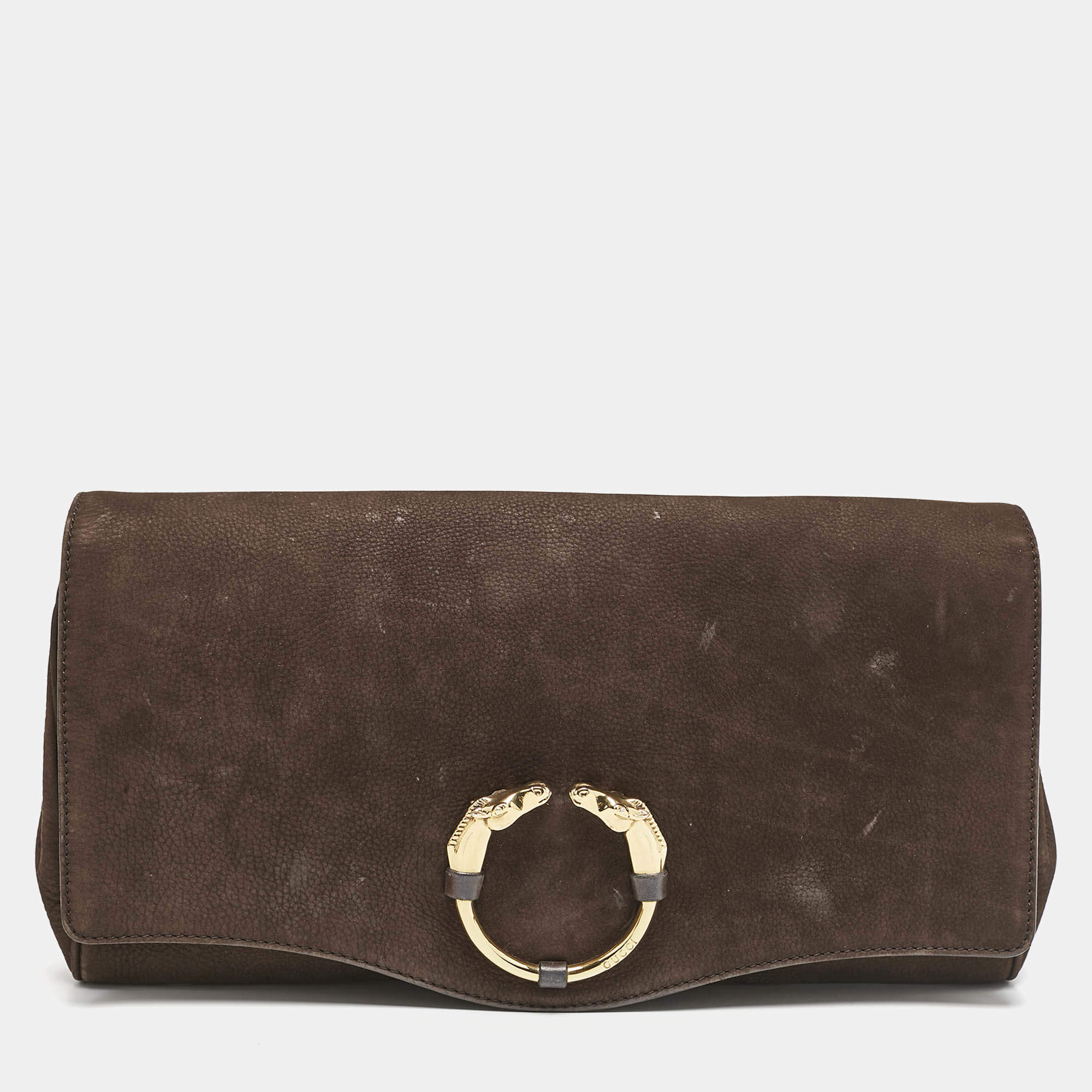 Gucci Dark Brown Nubuck Leather Ribot Horse Head Clutch