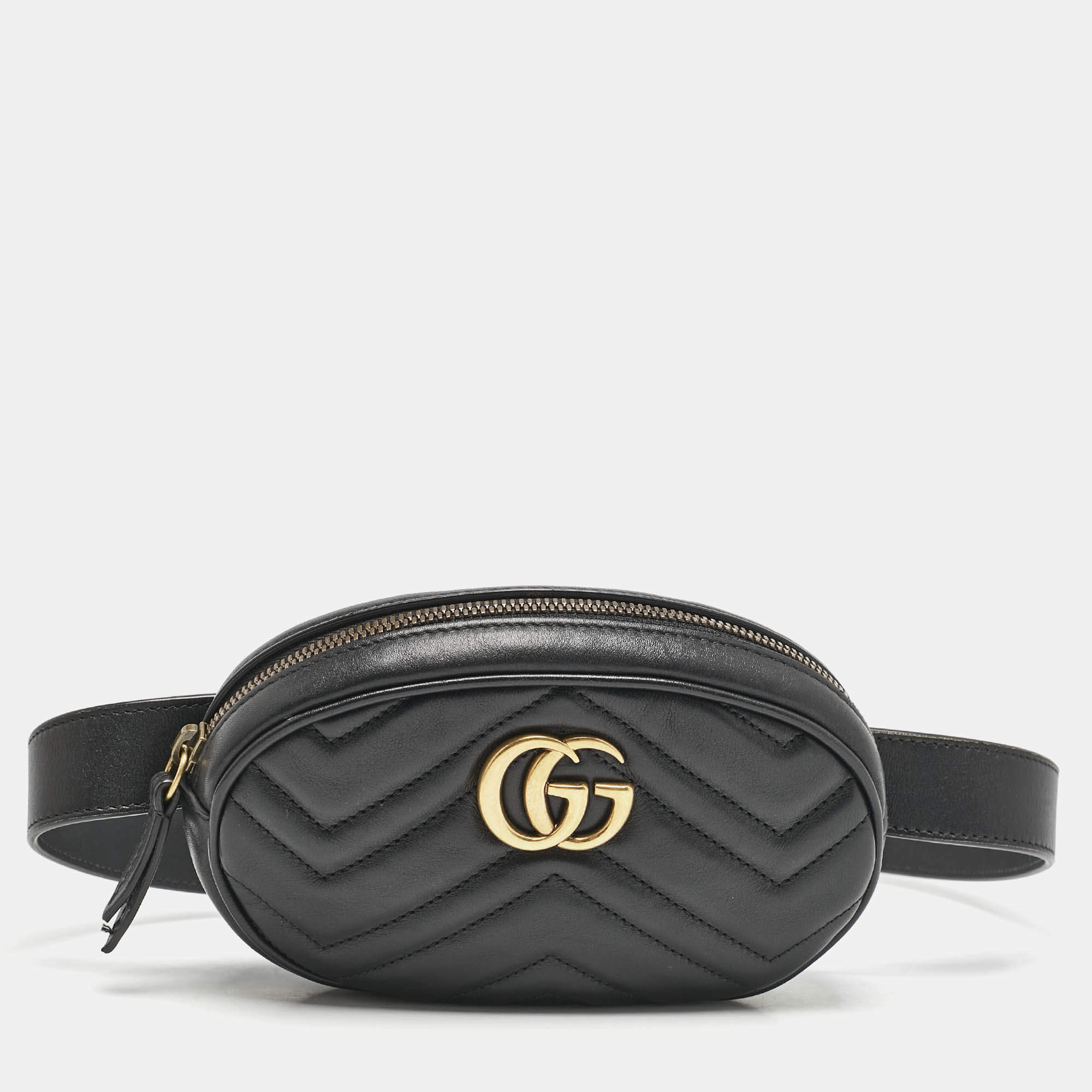 Gucci Black Matelassé Leather Mini GG Marmont Belt Bag