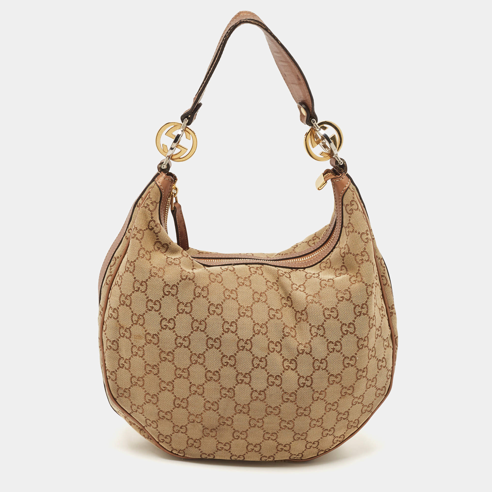 Pre Owned Gucci Beige/Brown GG Canvas and Leather Medium GG Twins Hobo