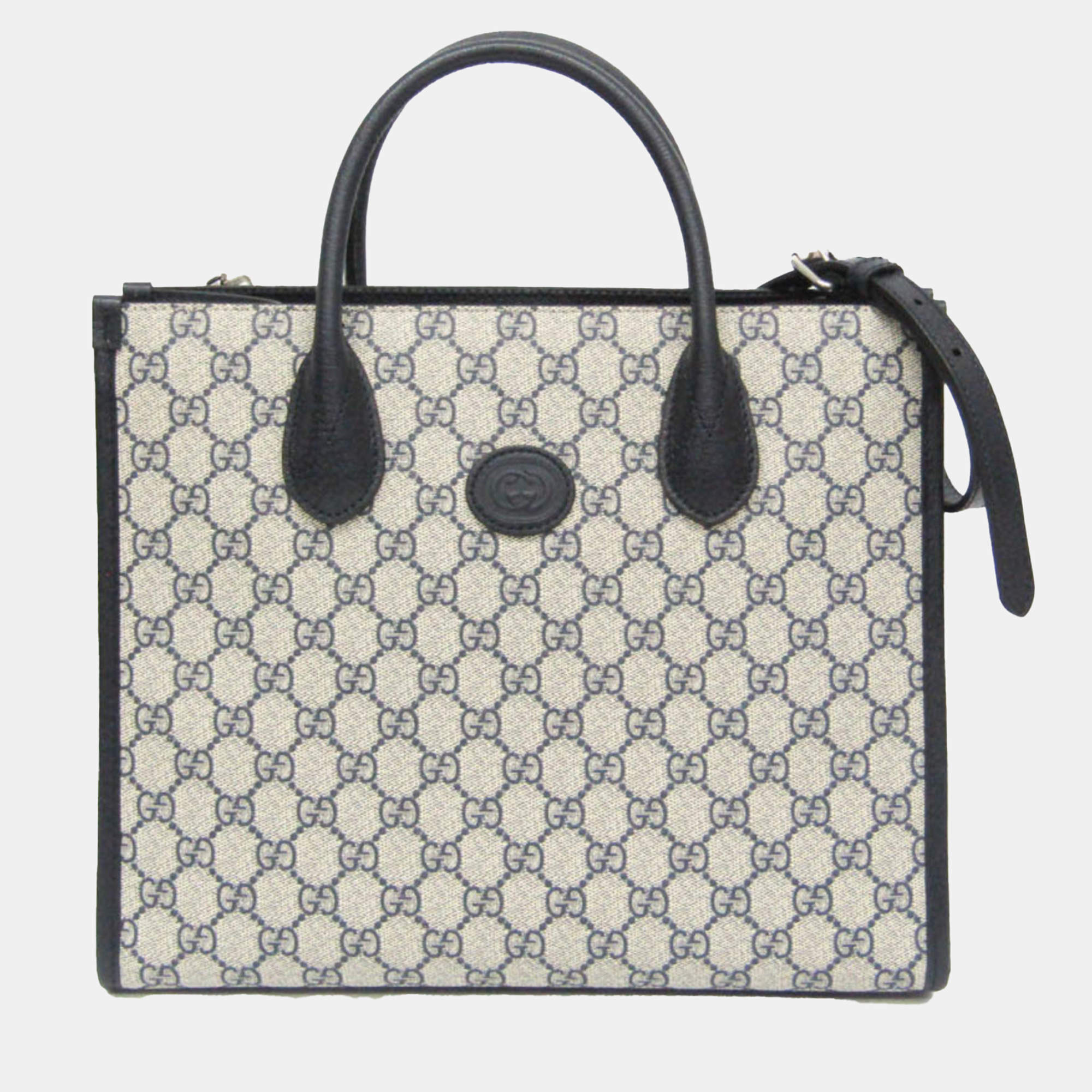 Gucci Beige Navy Leather PVC GG Shoulder Bag