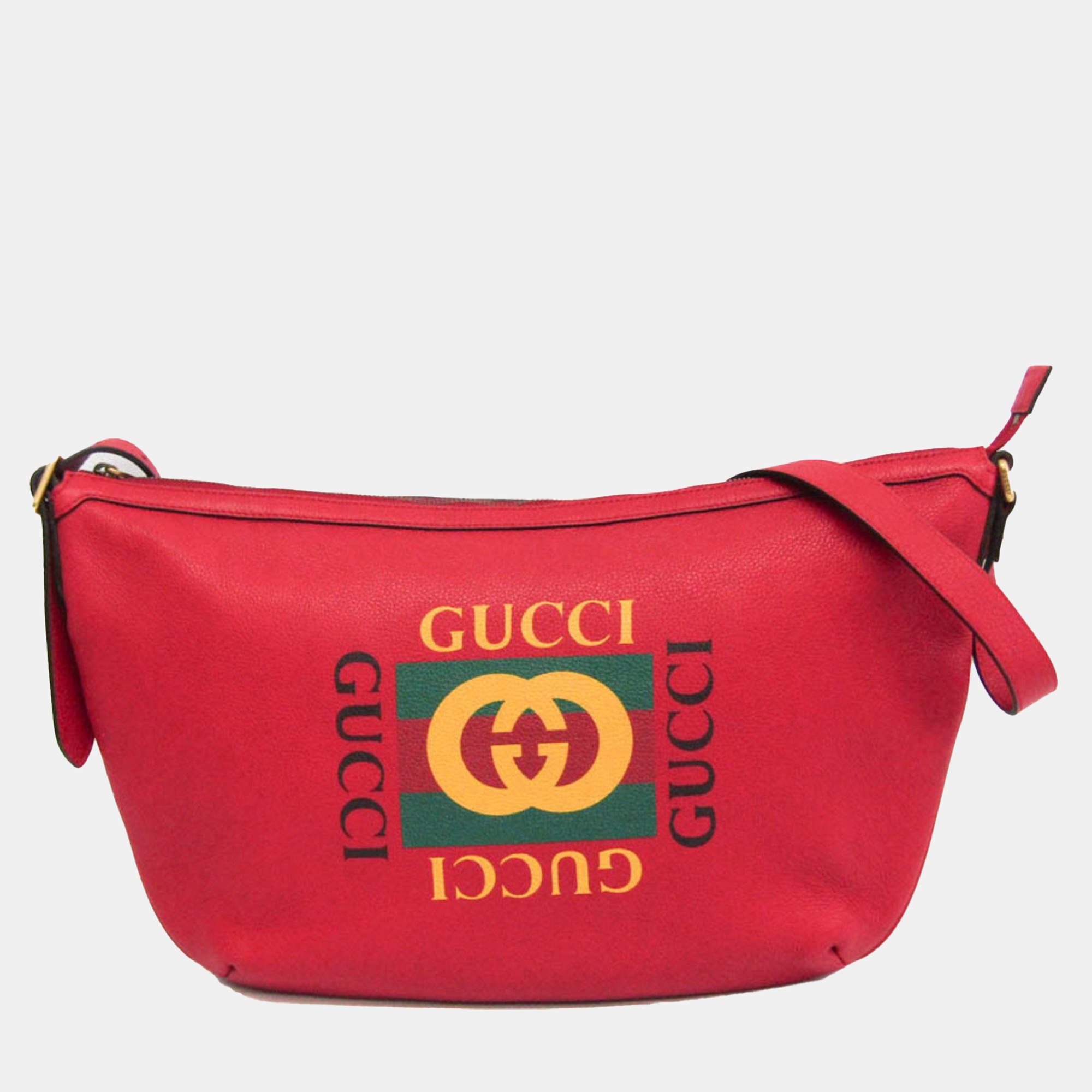 Gucci Red Leather Gucci Logo Half Moon Hobo Bag