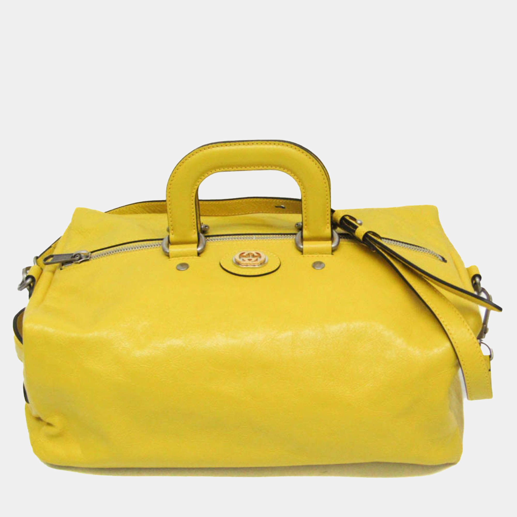 Gucci Yellow Leather Interlocking G Boston Bag