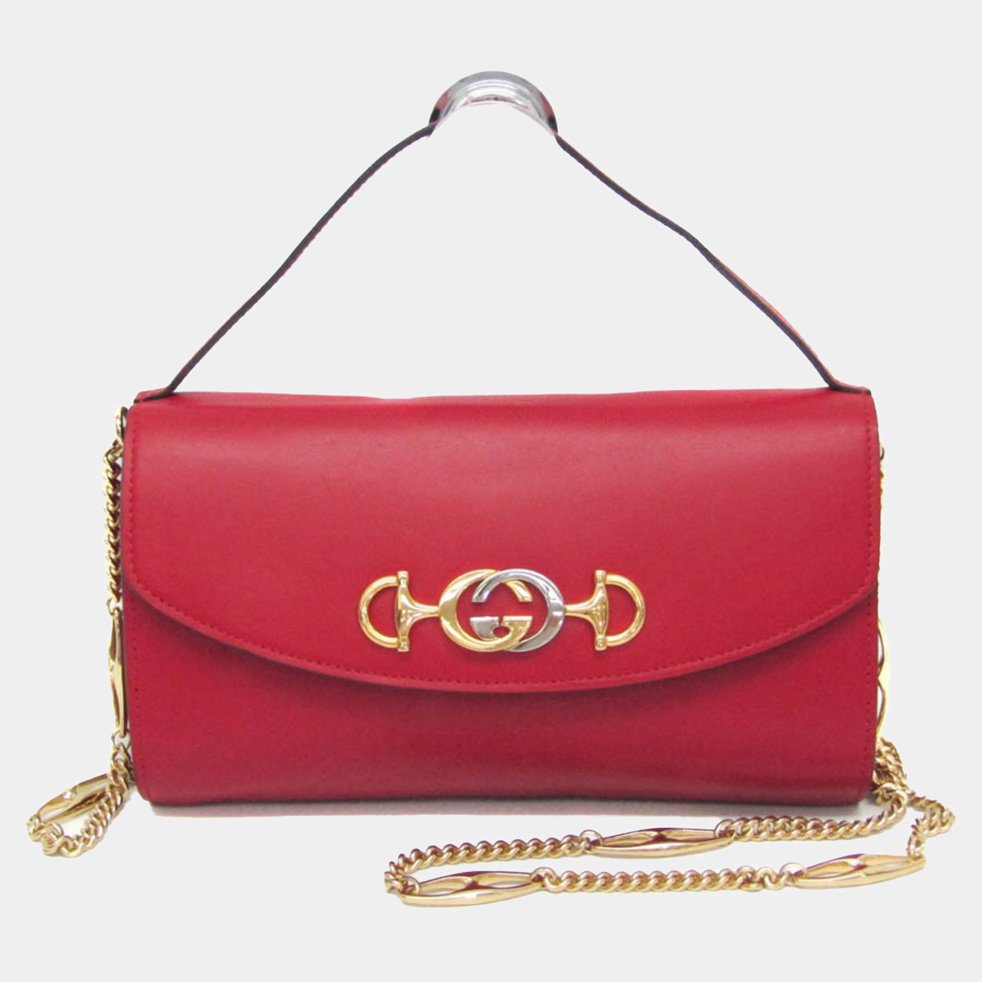 Pre Owned Gucci Red Leather Zumi Chain Shoulder Bag 