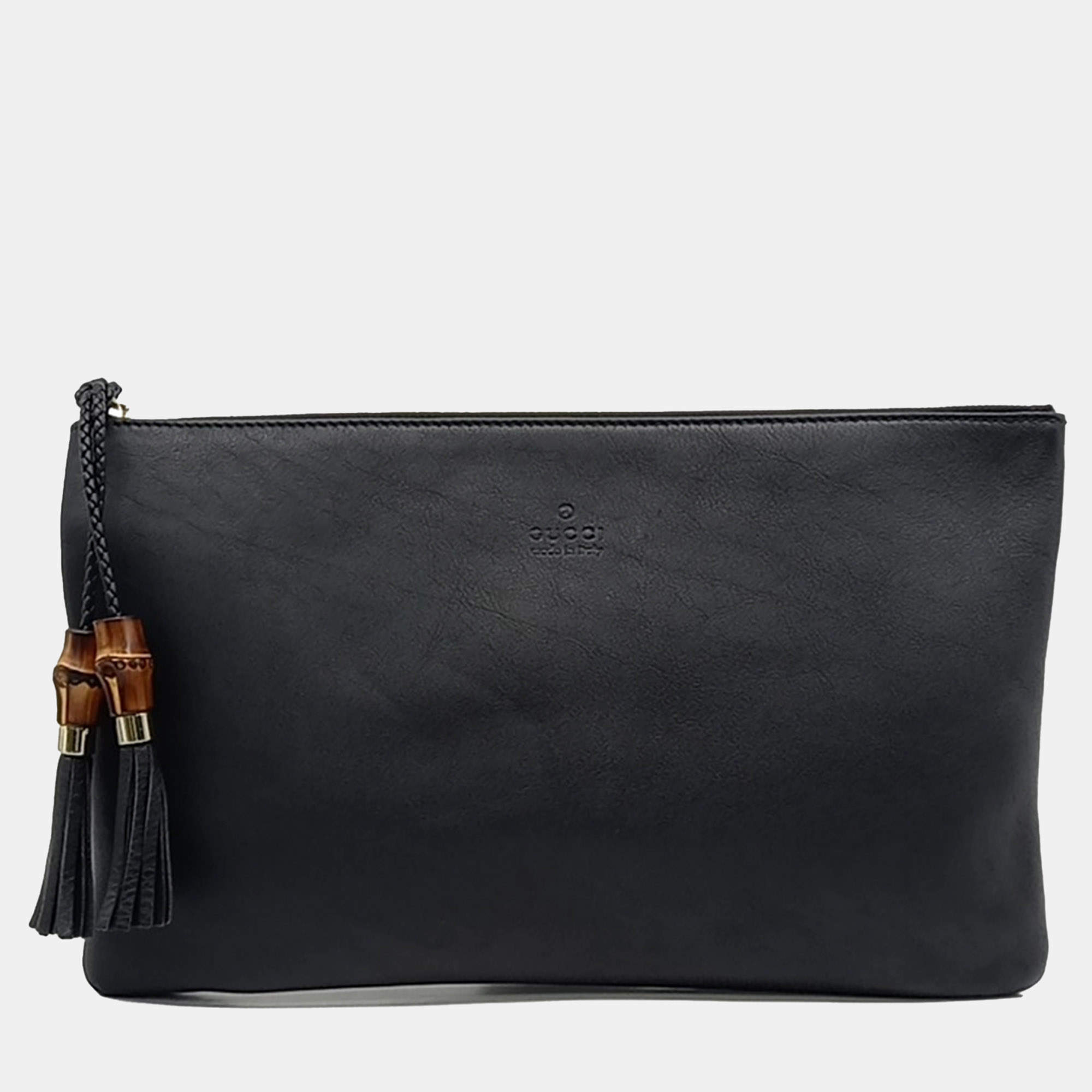 Pre Owned Gucci Black Leather bamboo clutch