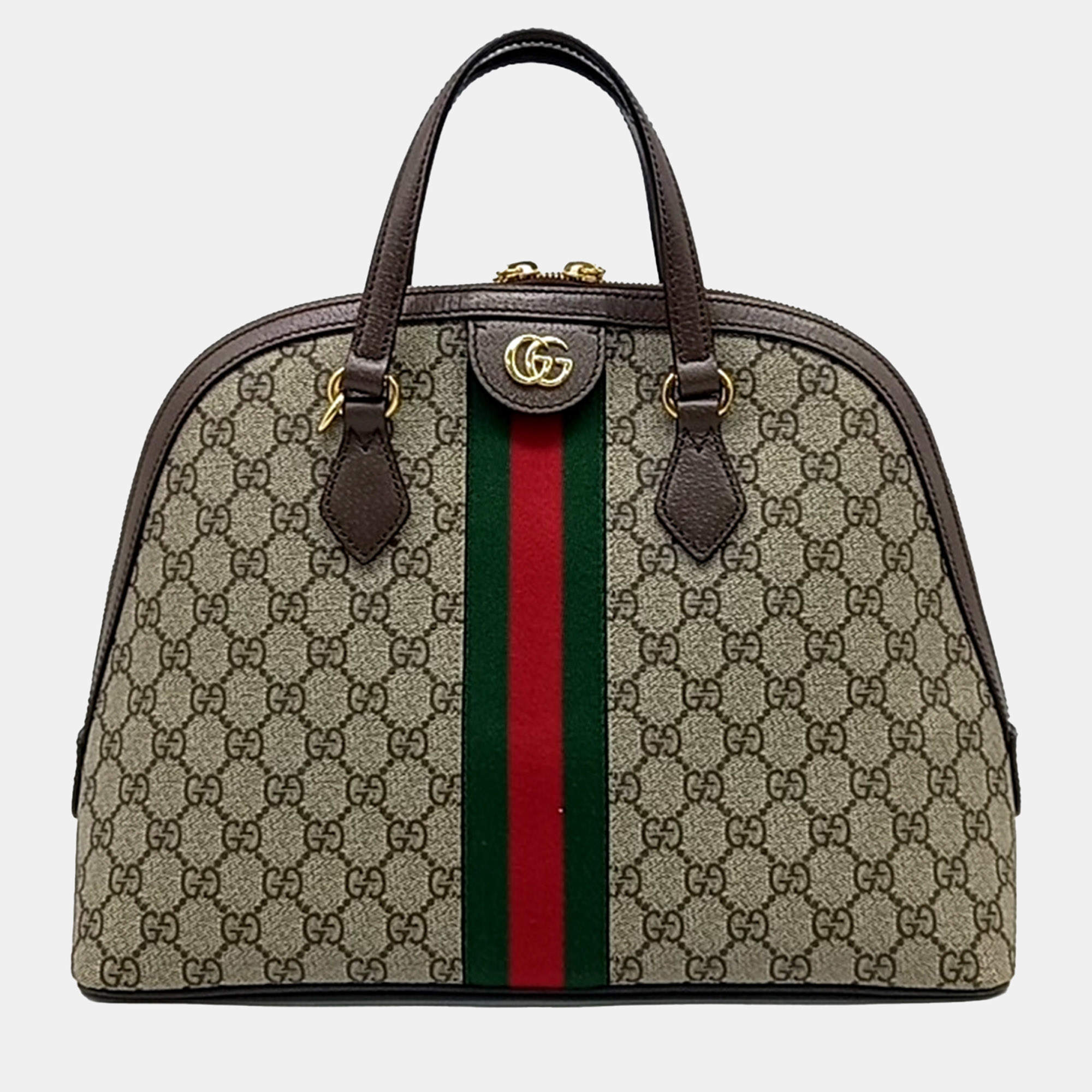 Gucci Beige Brown Fabric Ophidia medium top handle bag