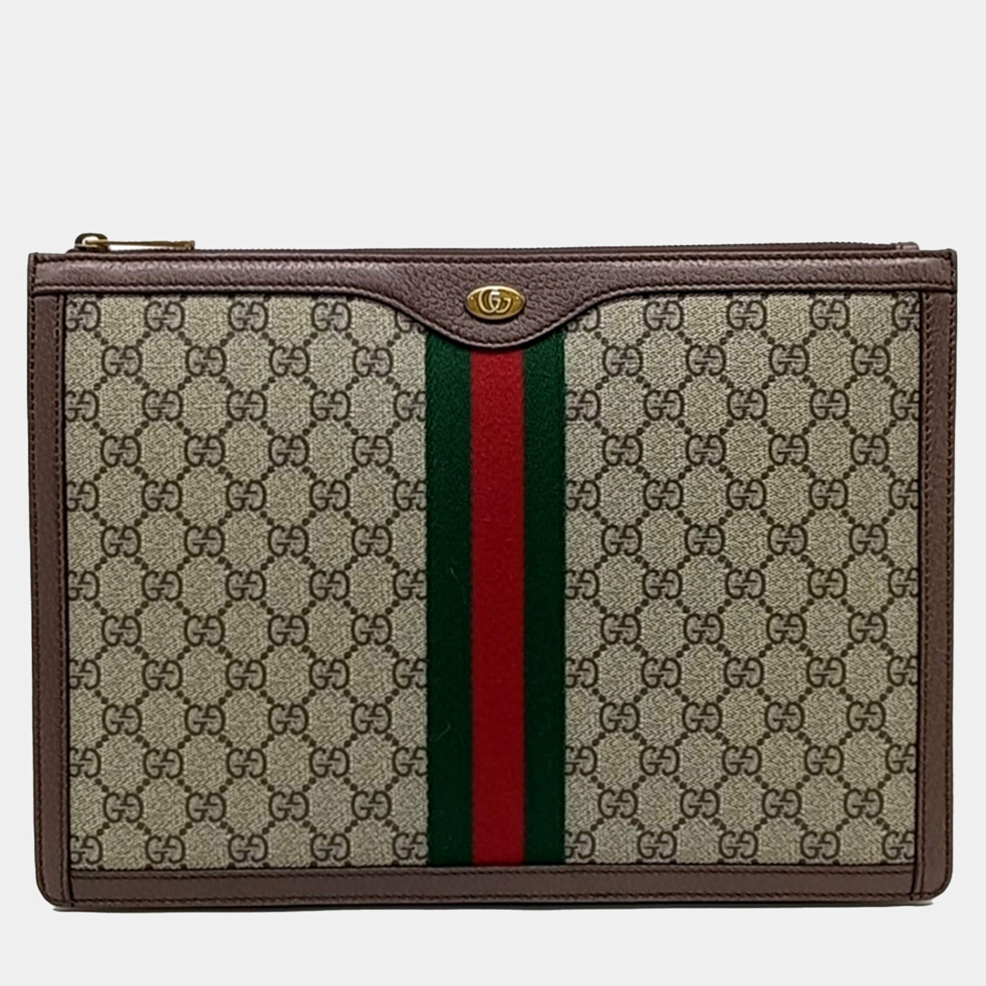 Gucci Beige Brown Canvas and Leather Supreme Portfolio Clutch