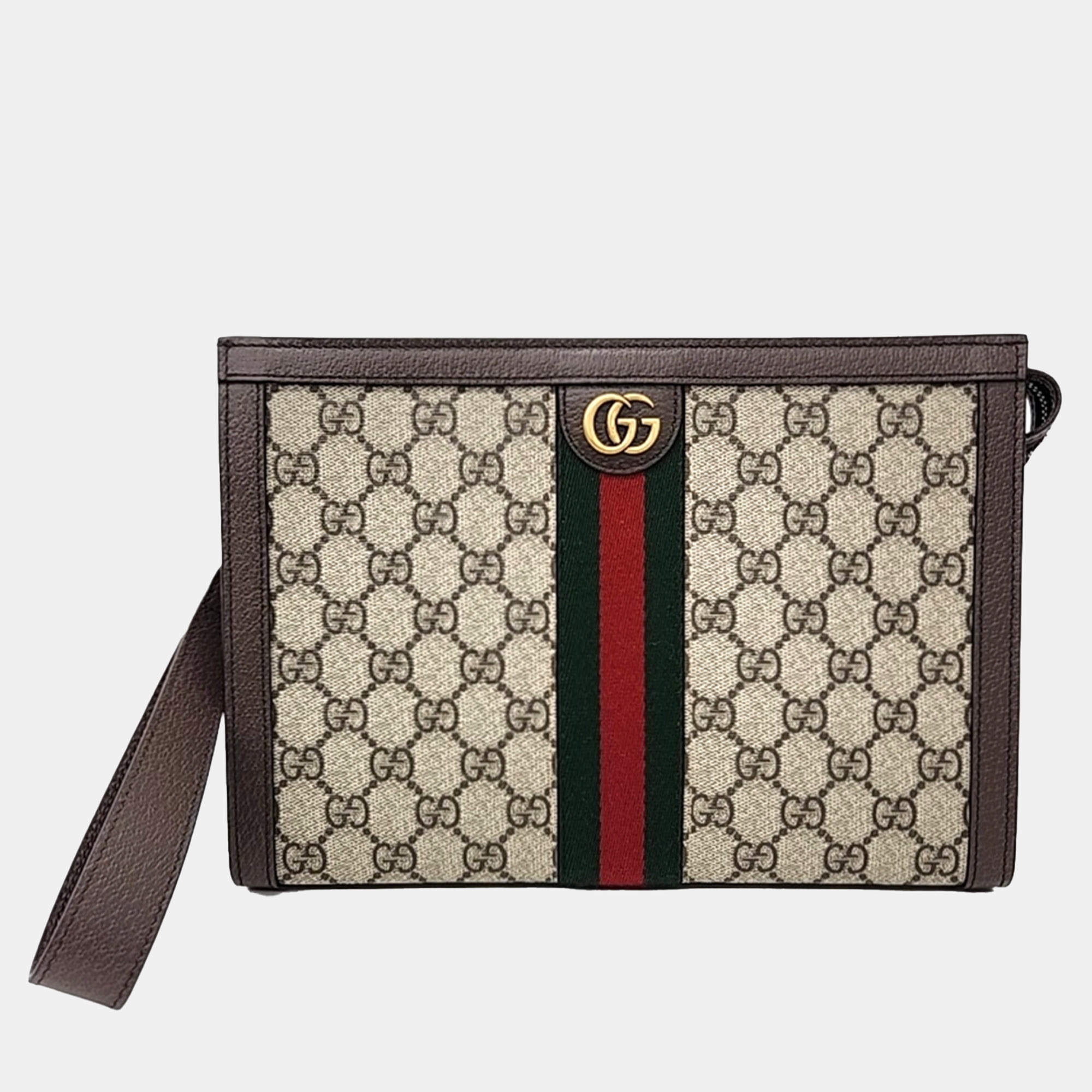 Gucci Beige Brown Canvas and Leather Ophidia GG Clutch