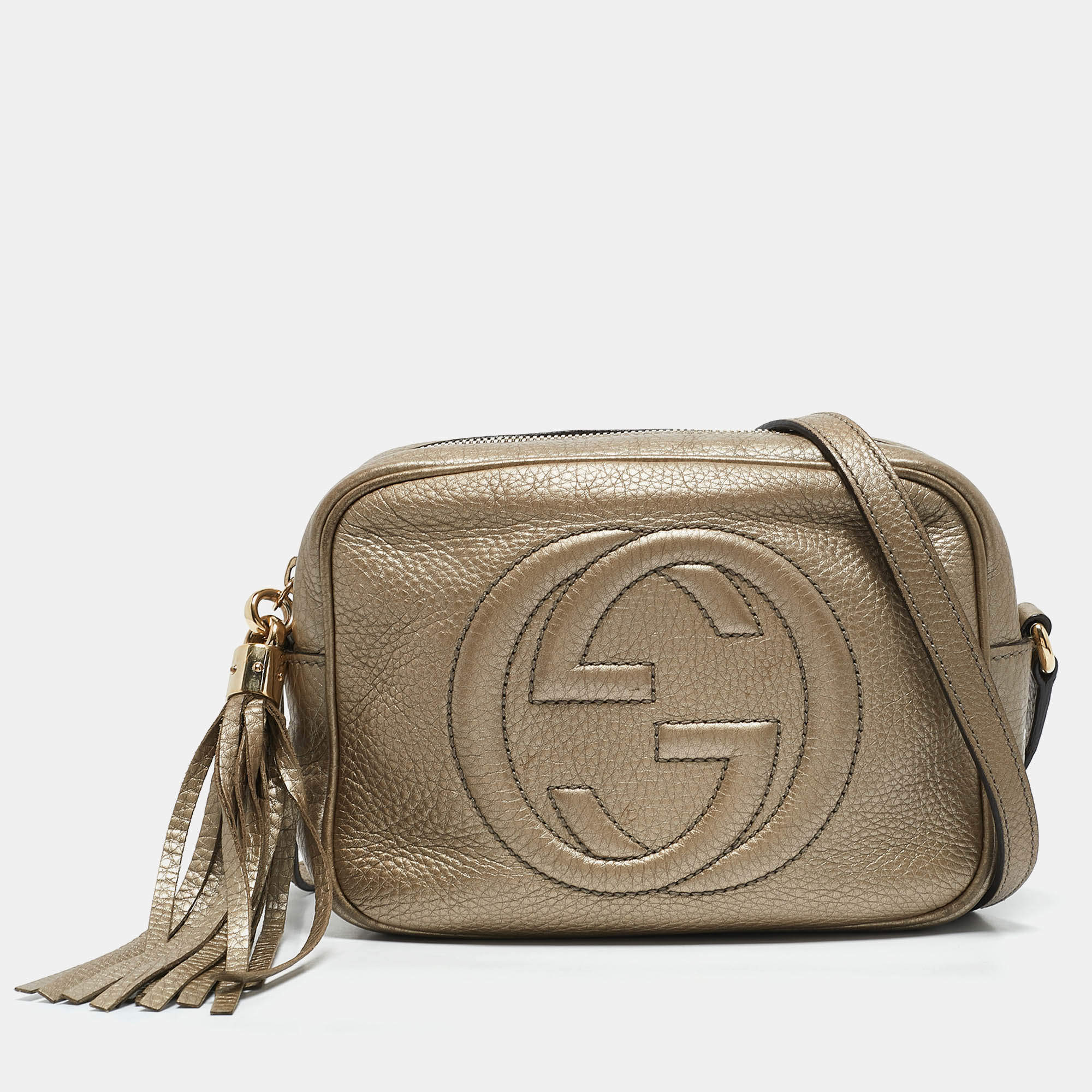 Pre Owned Gucci Metallic Beige Leather Small Soho Disco Crossbody Bag