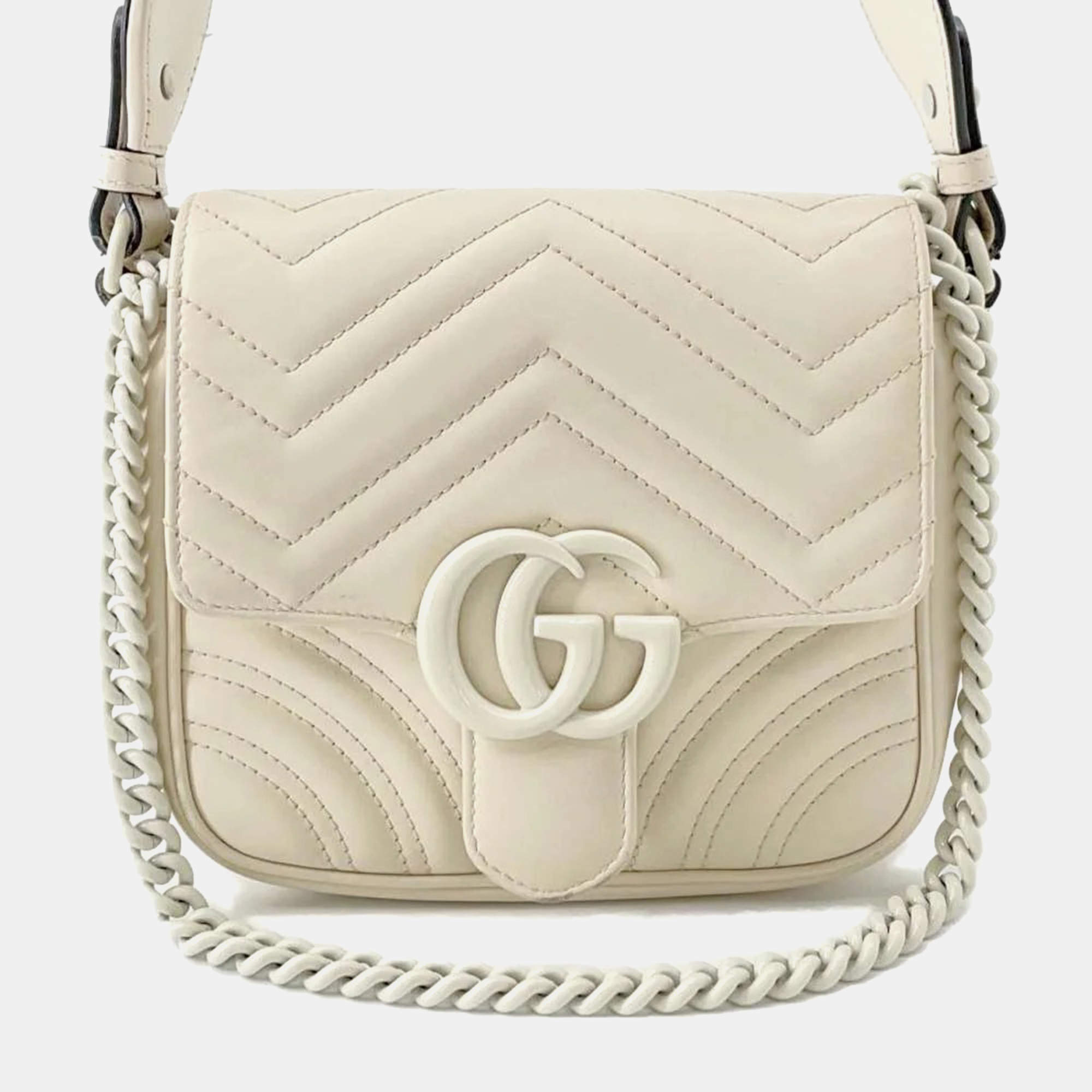 Gucci White Leather Gg Marmont Shoulder Bag 