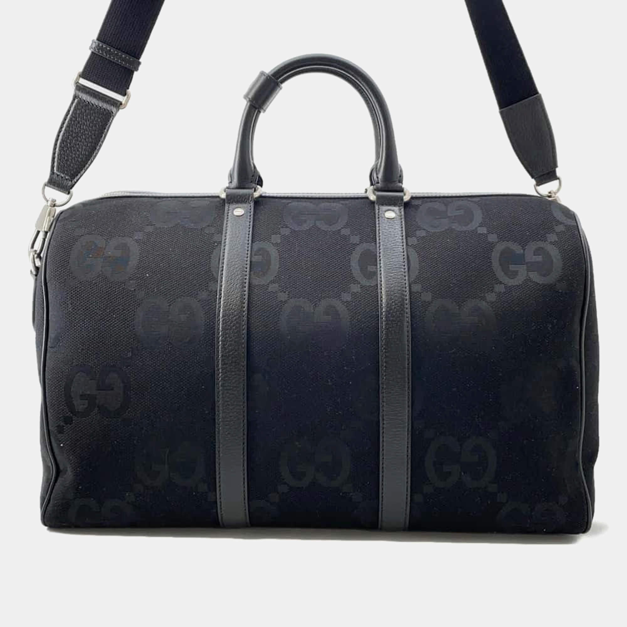 Gucci Black  Canvas Leather Jumbo GG Small Duffle Bag 