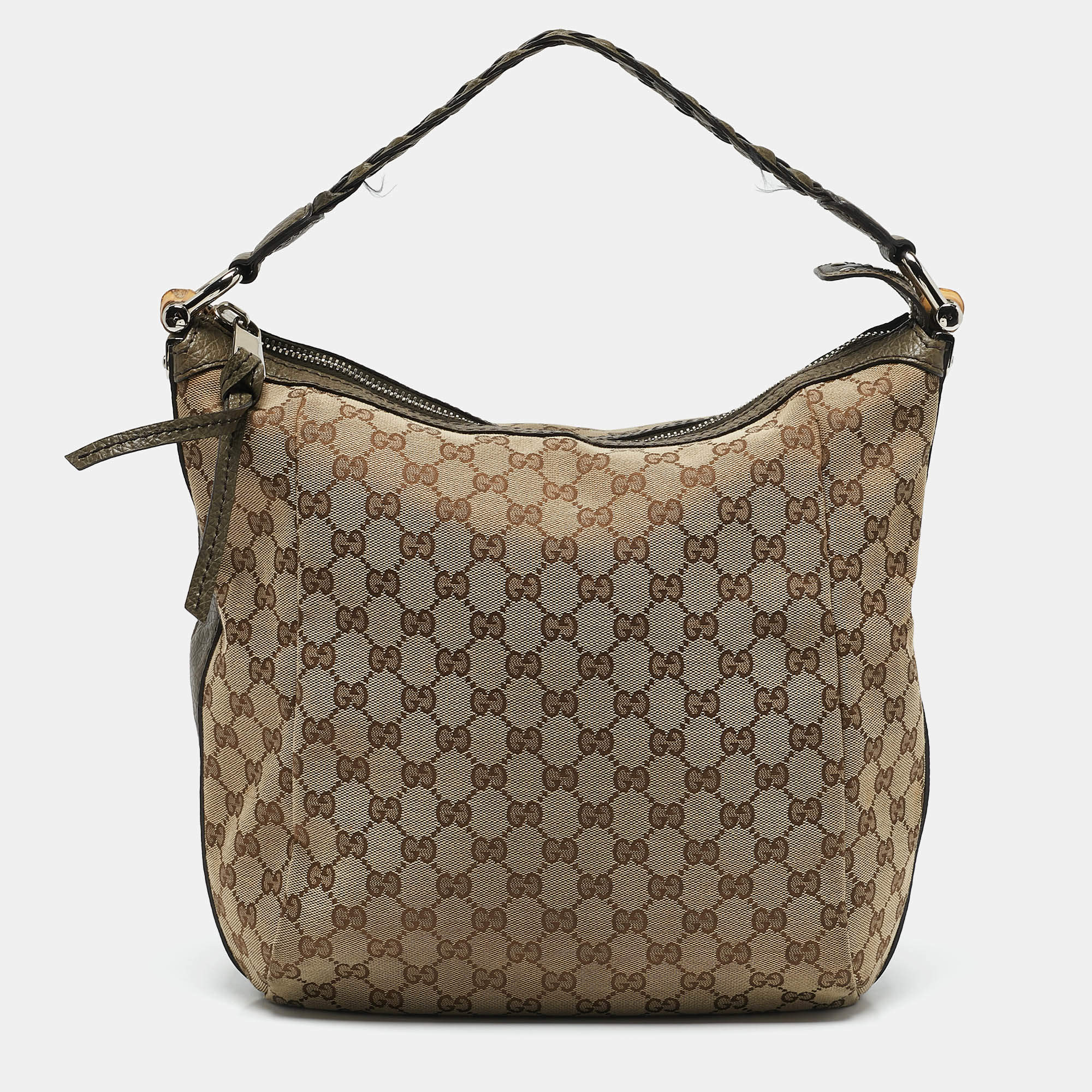 Gucci Beige/Khaki GG Canvas Bamboo Bar Hobo