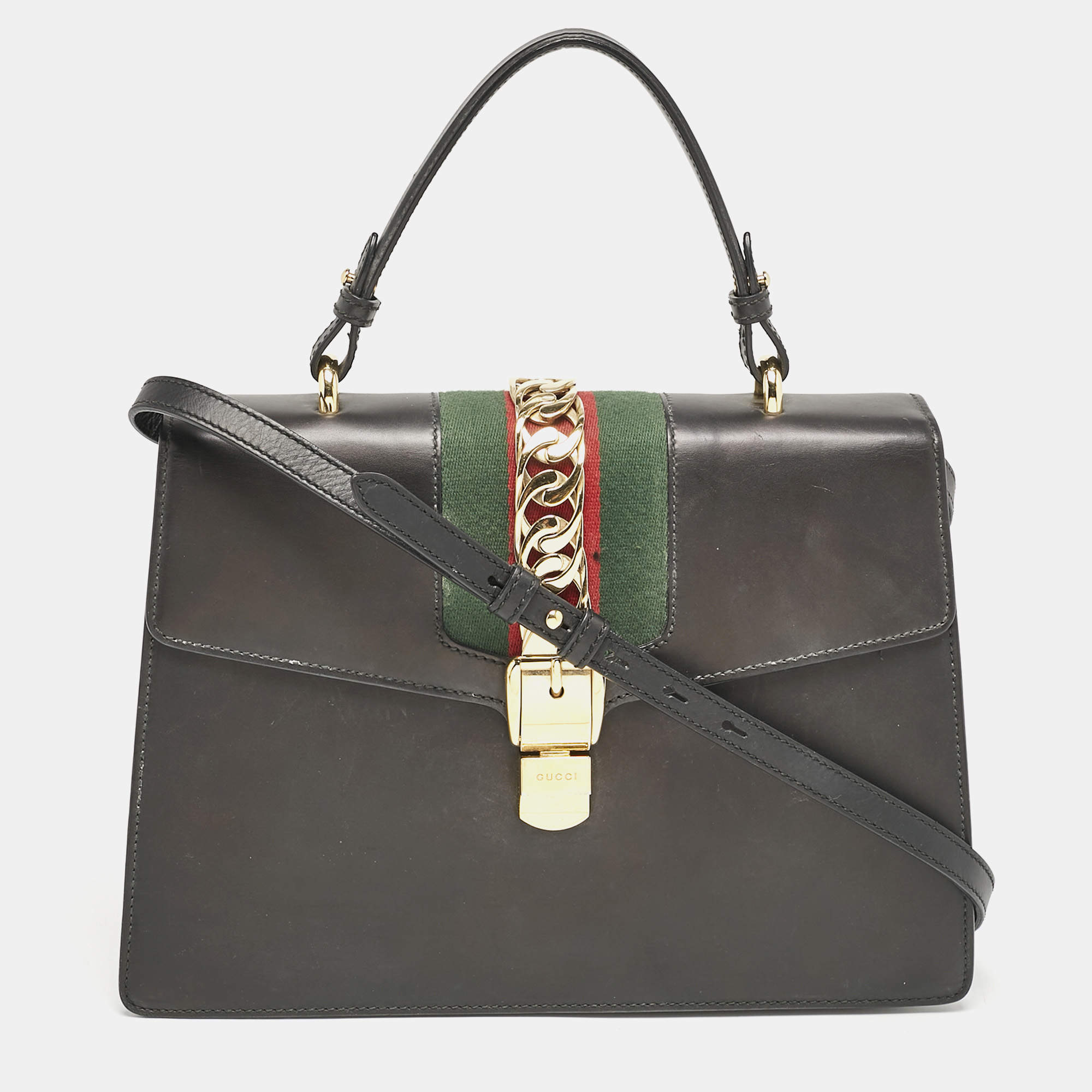 Gucci Black Leather Medium Web Sylvie Top Handle Bag