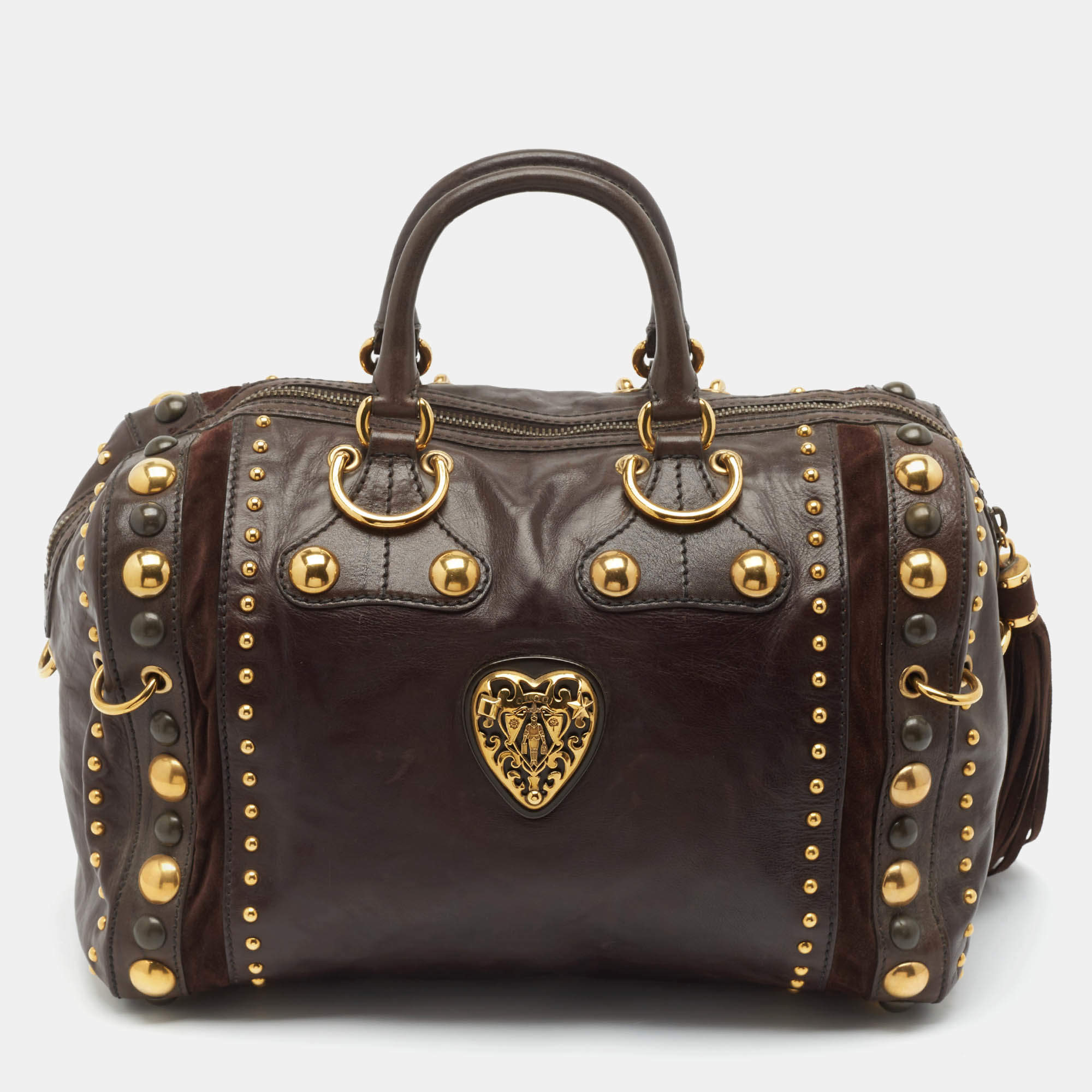 Gucci Dark Brown Suede and Leather Babouska Indy Boston Bag