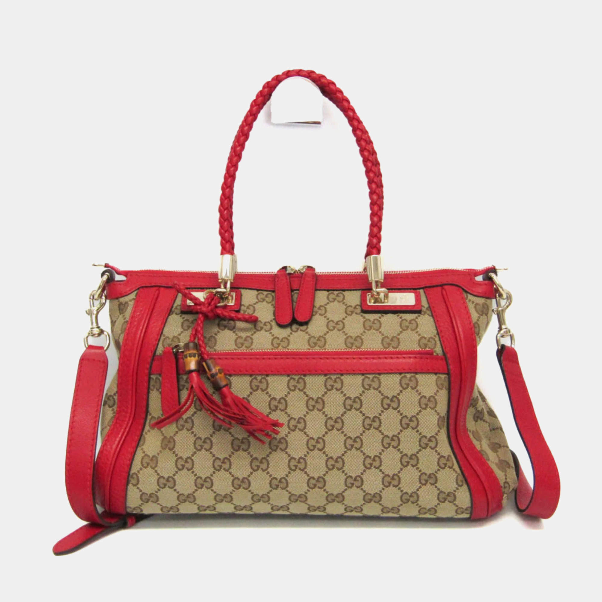 Gucci Beige and Red GG Canvas Leather Shoulder Bag