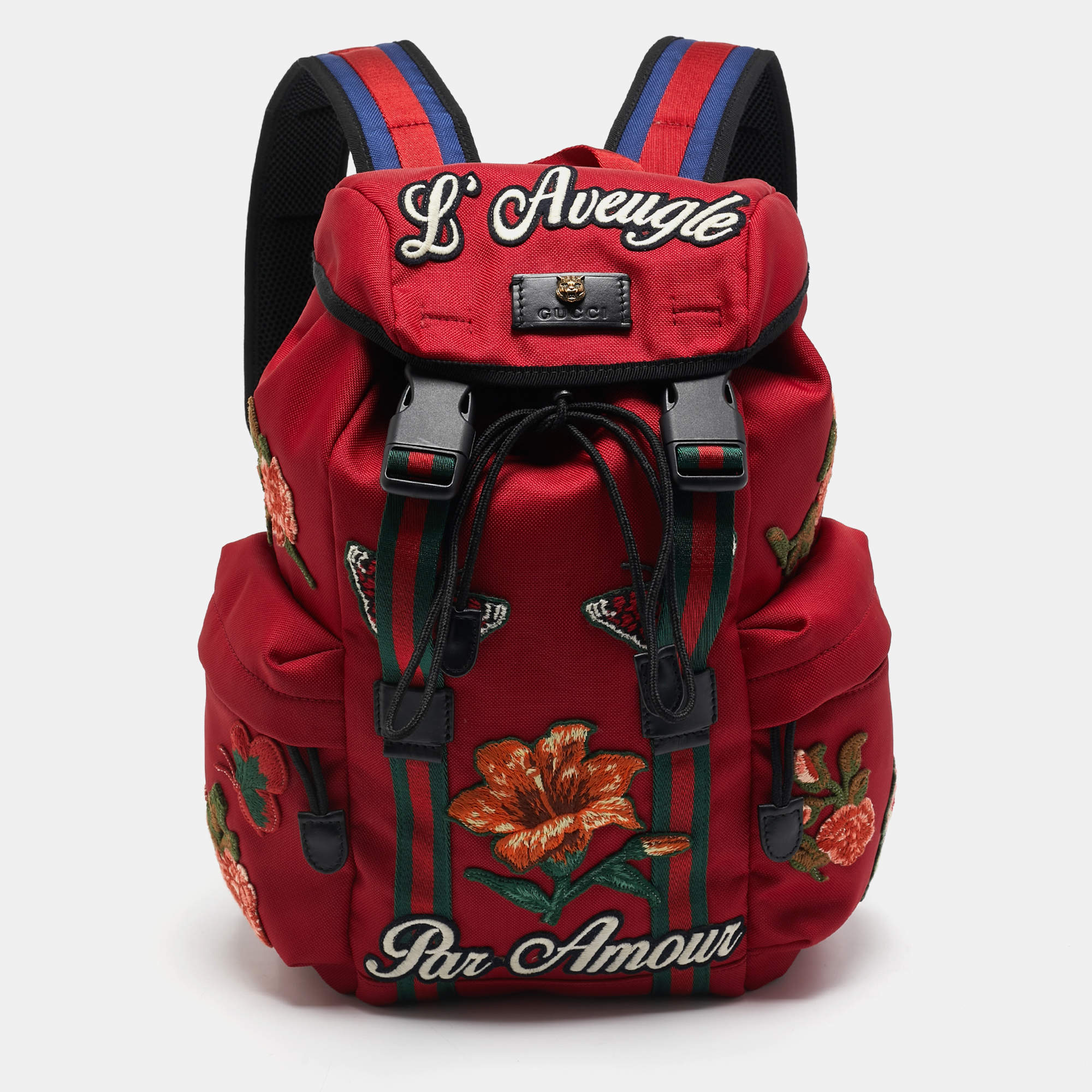 Pre Owned Gucci Red Nylon Web L'Aveugle Par Amour Embroidered Backpack