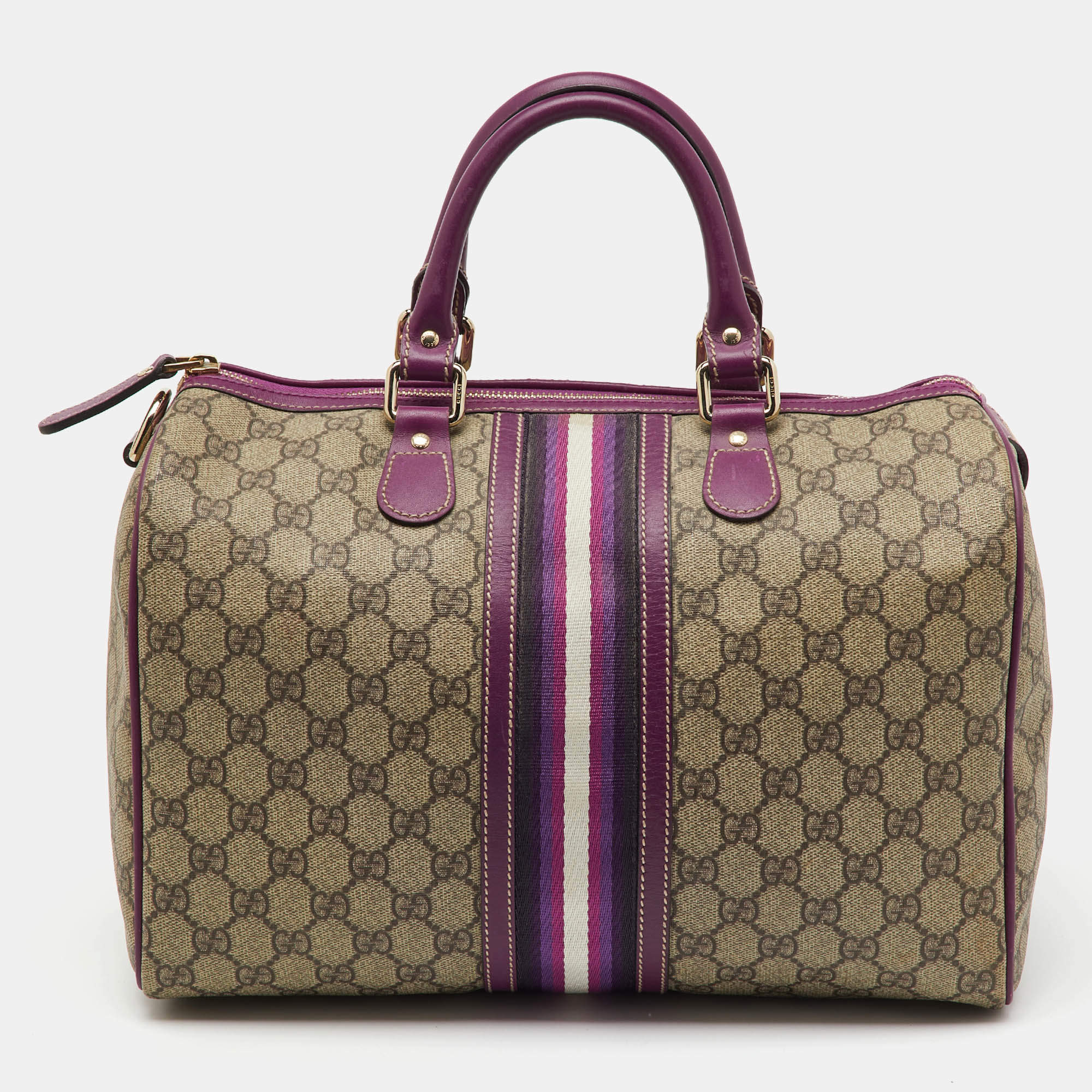 Gucci Beige/Purple GG Supreme Canvas Limited Edition Stripe Web Joy Boston Bag