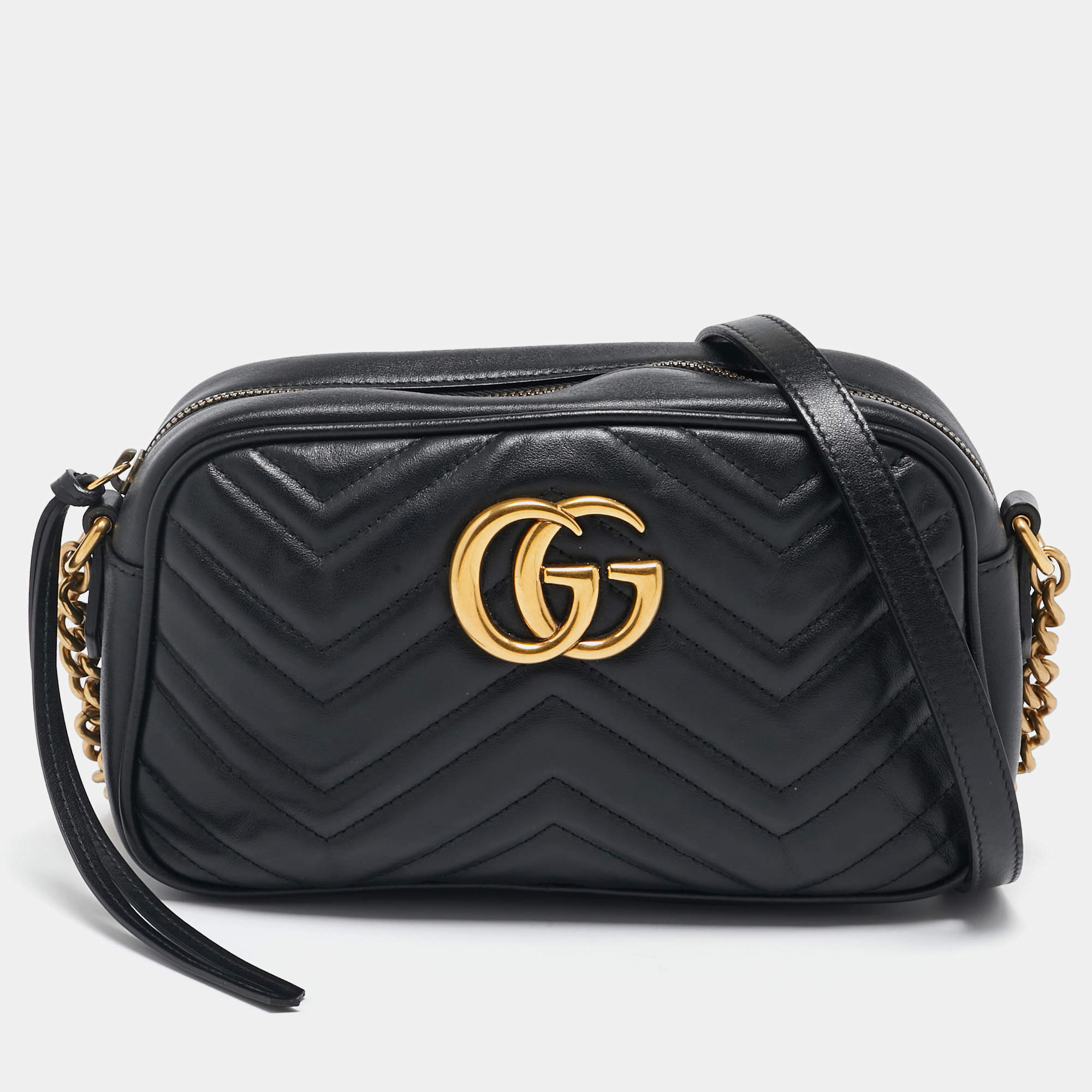 Pre Owned Gucci Black Matelassé Leather Small GG Marmont Bag