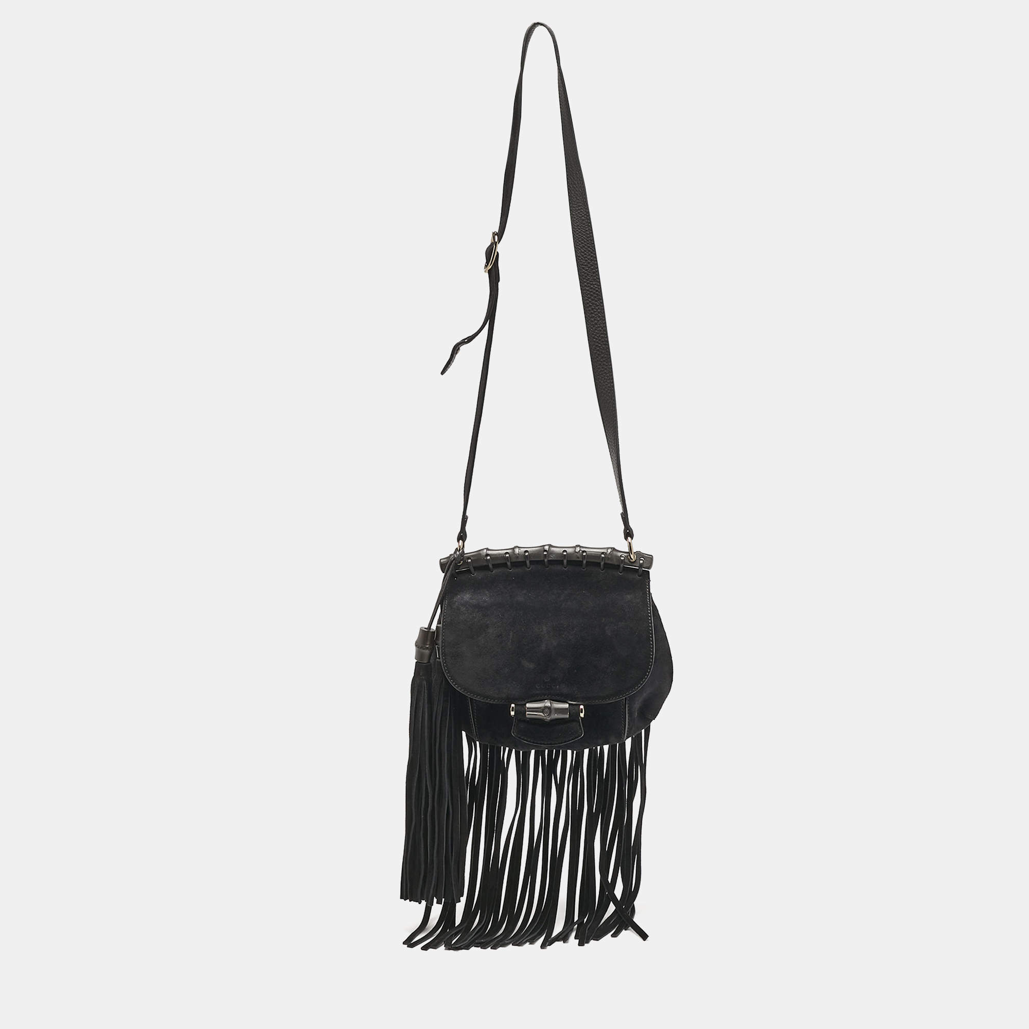 Gucci Black Suede Nouveau Fringe Crossbody Bag