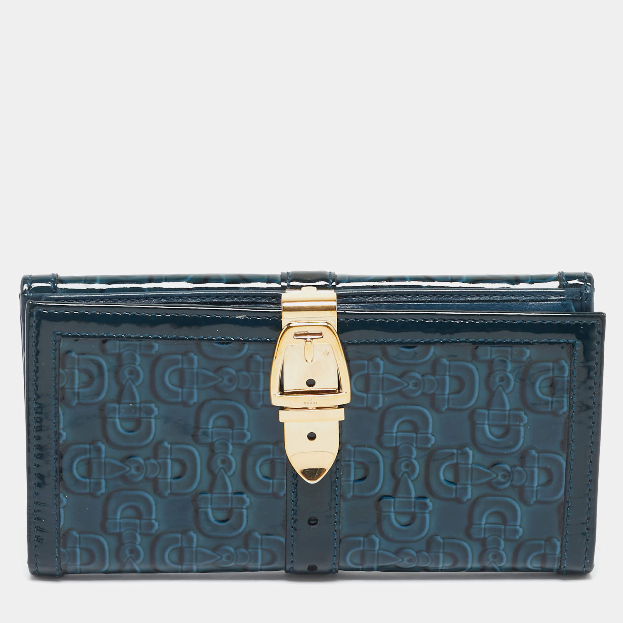 Gucci Blue Horsebit Embossed Patent Leather Buckle Flap Continental Wallet