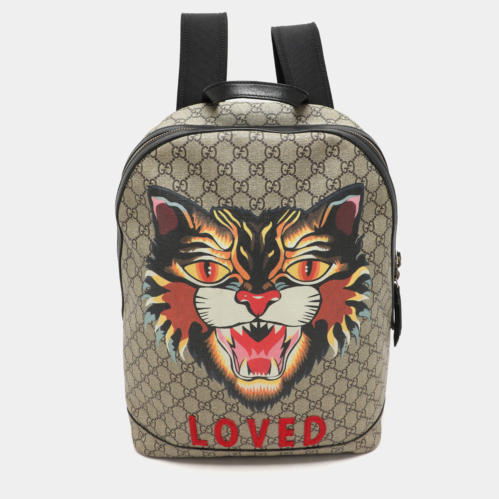 Gucci Beige GG Soft Supreme Canvas Angry Cat Print Backpacks