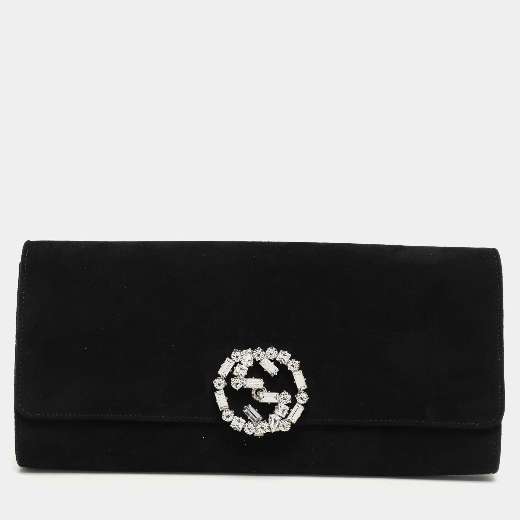 Pre Owned Gucci Black Crystal Embellished Suede Interlocking G Broadway Clutch