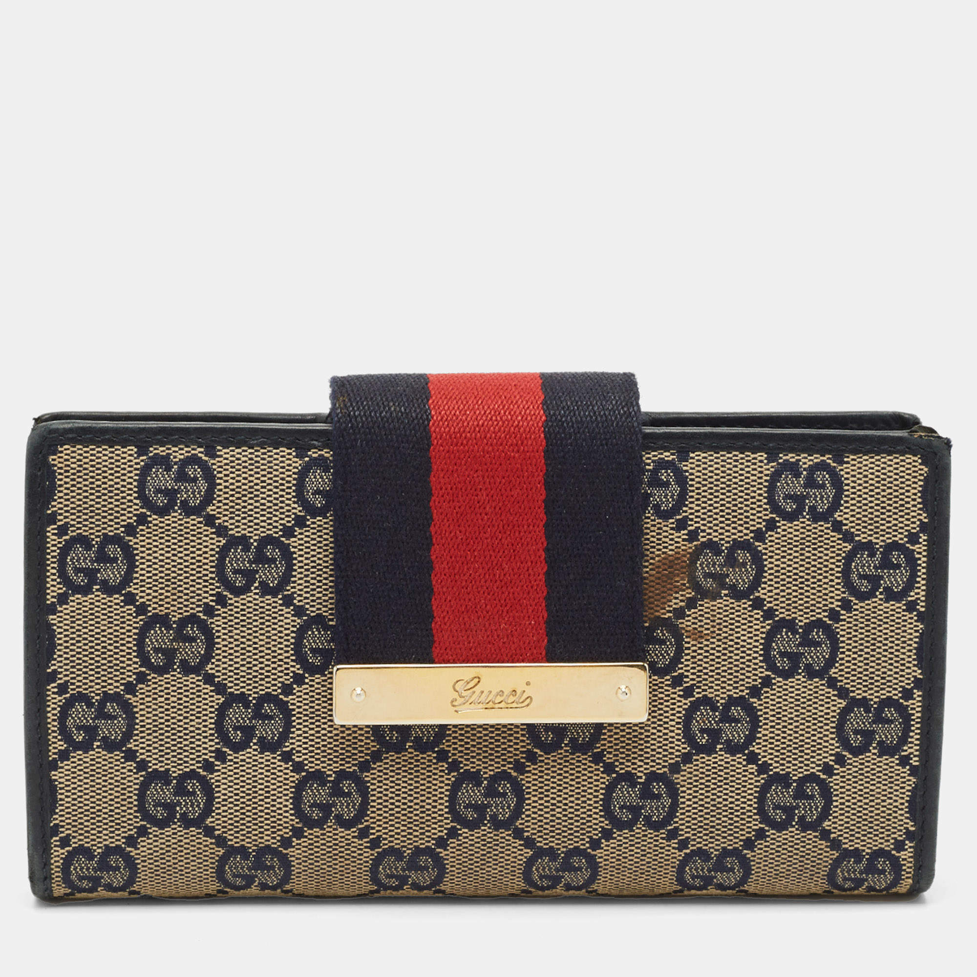 Gucci Blue/Beige GG Canvas and Leather Ladies Web Continental Wallet
