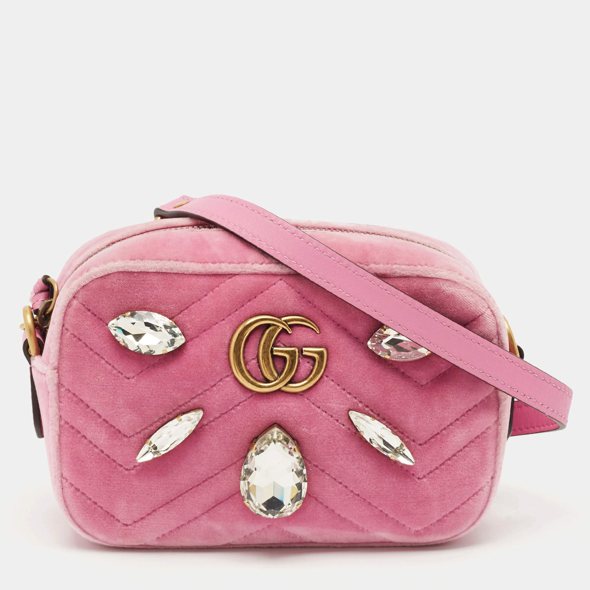 Pre Owned Gucci Pink Matelassé Velvet Mini Faux Diamond GG Marmont Camera Bag