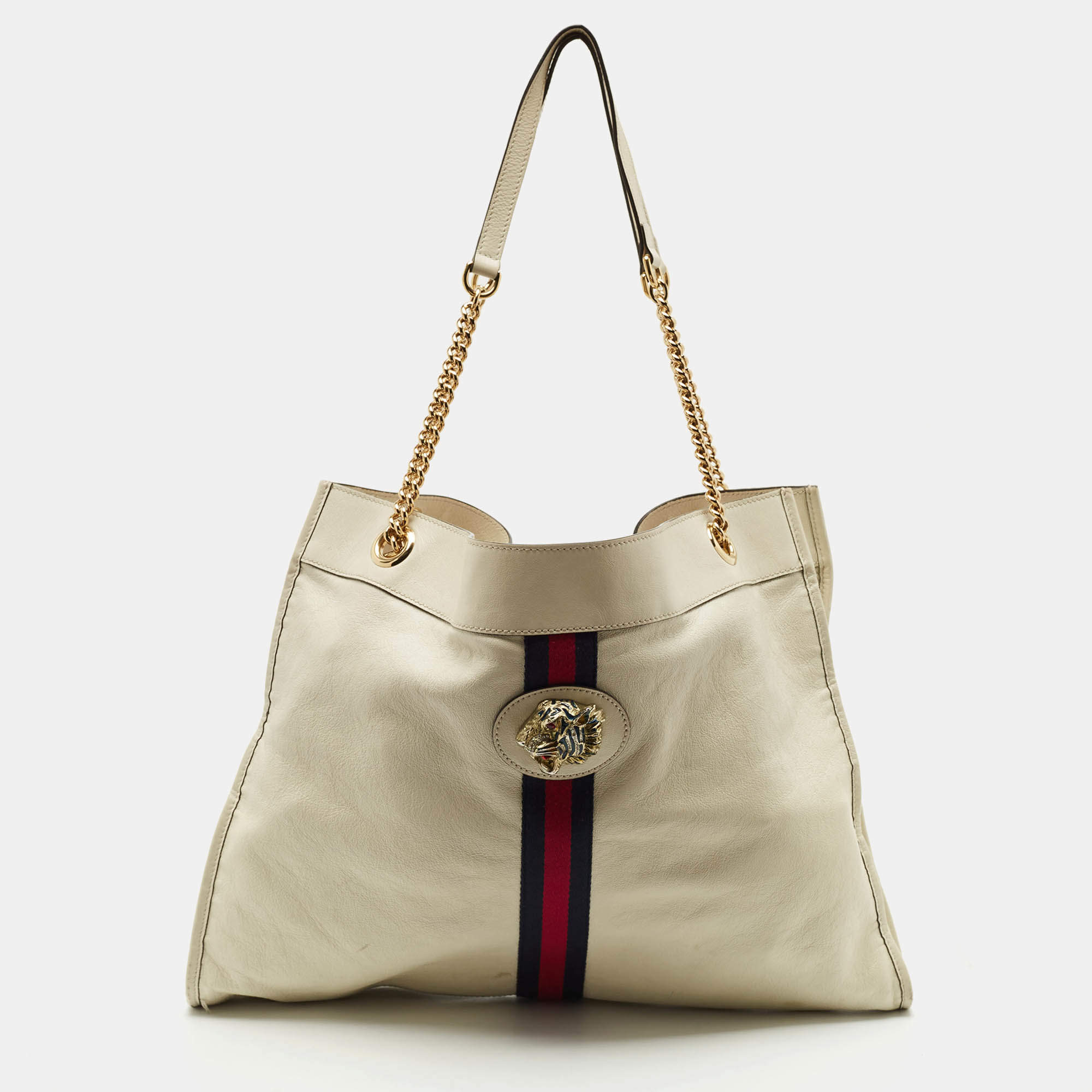 Gucci Off White Leather Large Web Rajah Tote