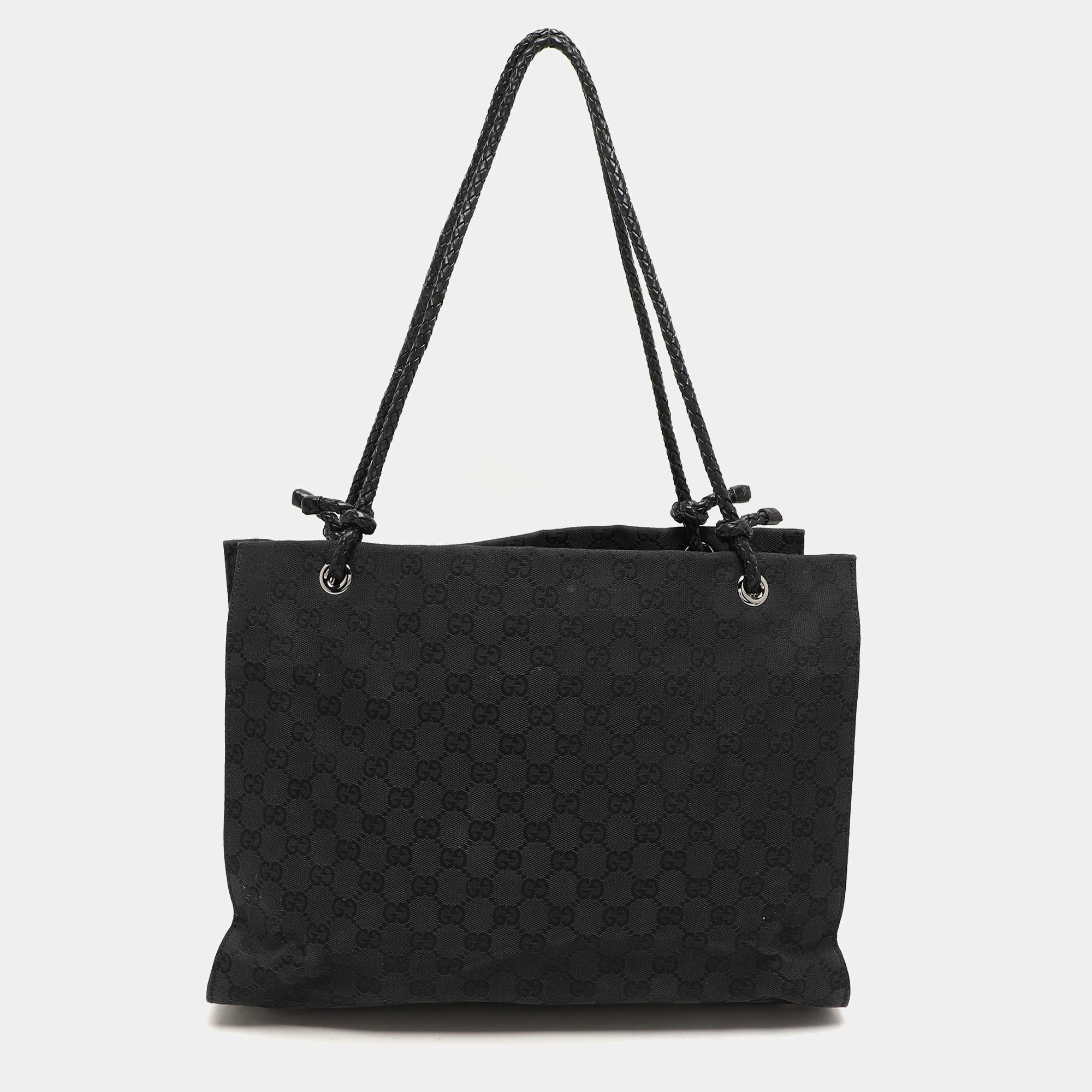 Pre Owned Gucci Black GG Canvas and Leather Braided Handle Tote