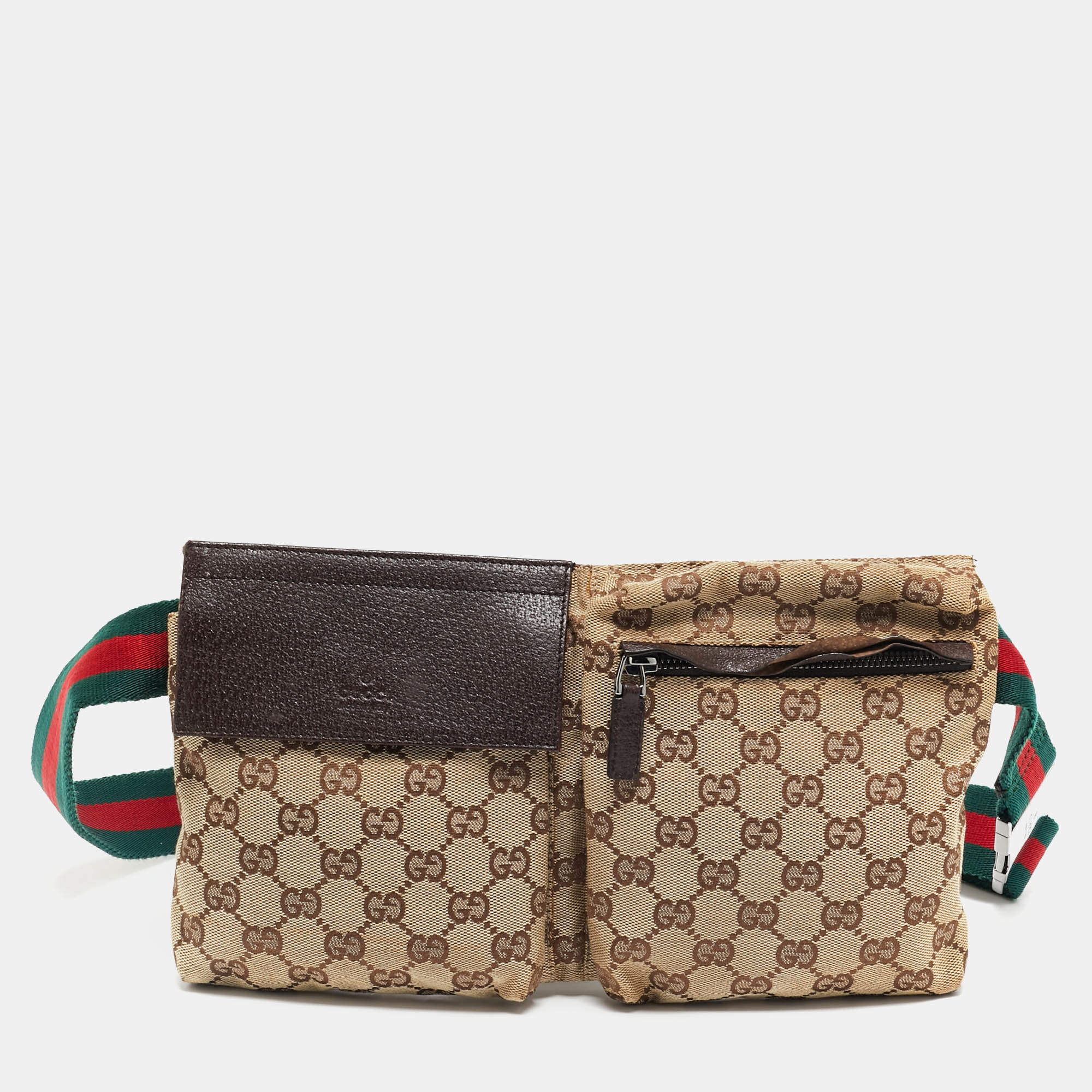 مملوكة مسبقًا Gucci Dark Brown/Beige GG Canvas Web Double Pocket Belt Bag