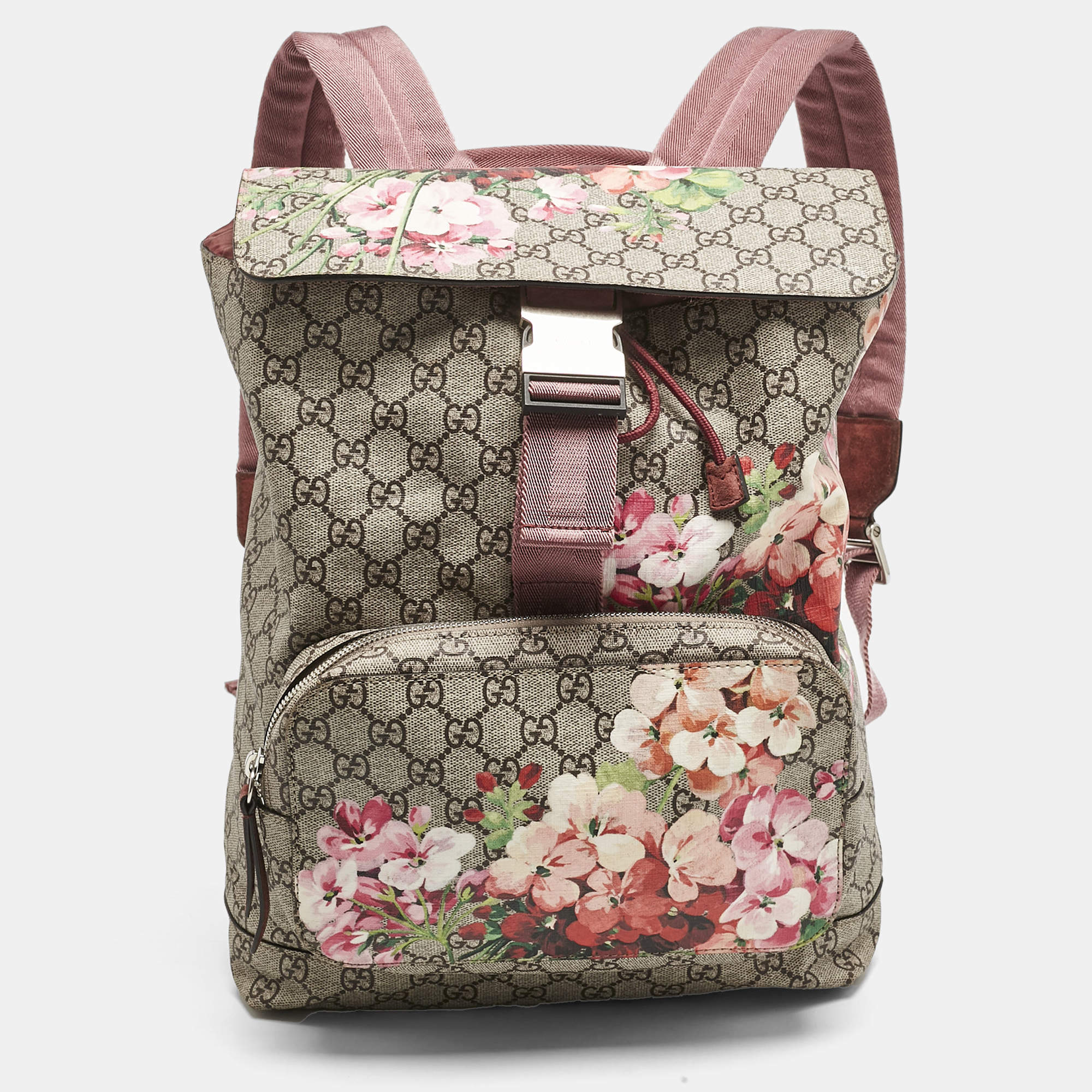 Gucci Pink/Beige GG Supreme Canvas Blooms Drawstring Bakcpack