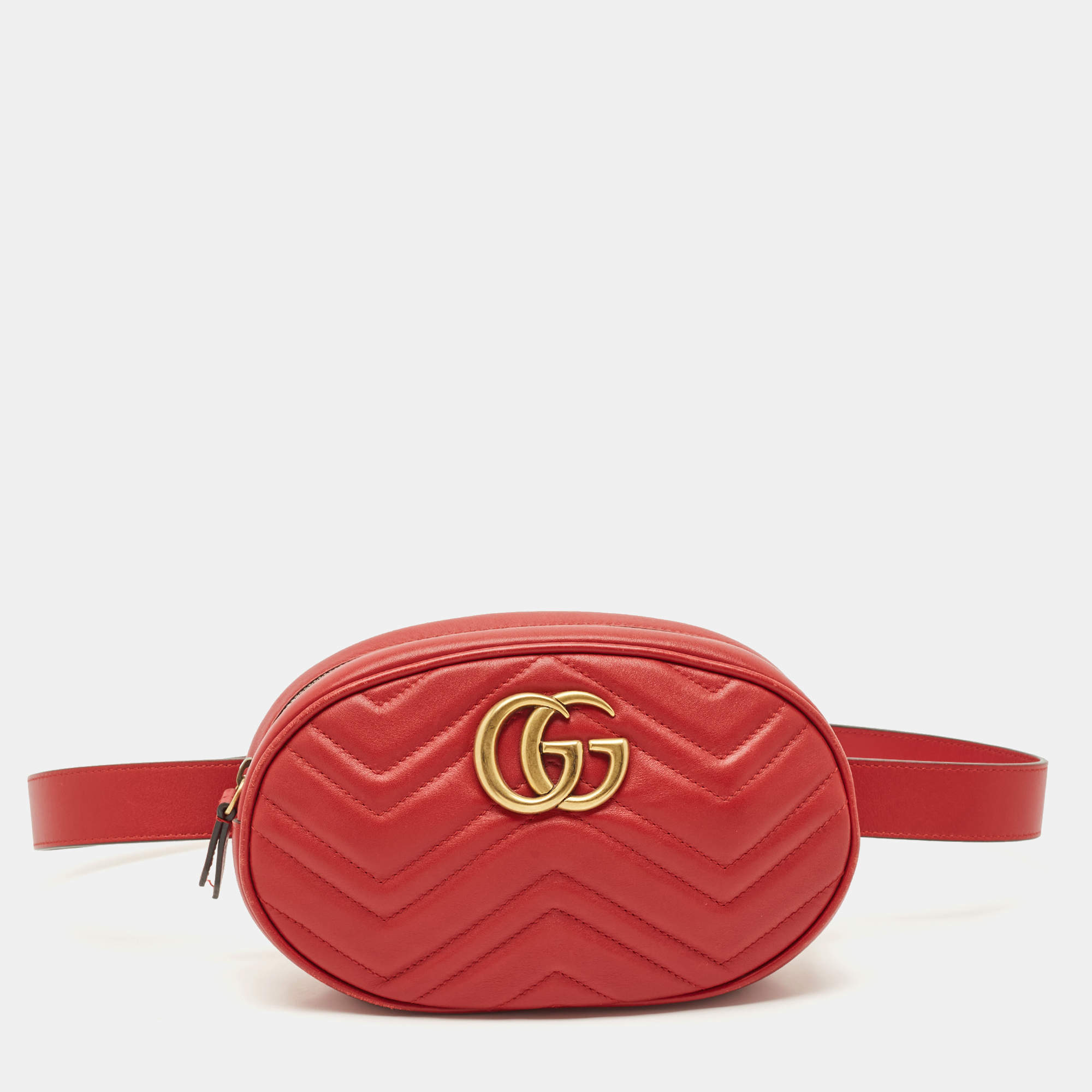 Gucci Red Matelassé Leather GG Marmont Belt Bag