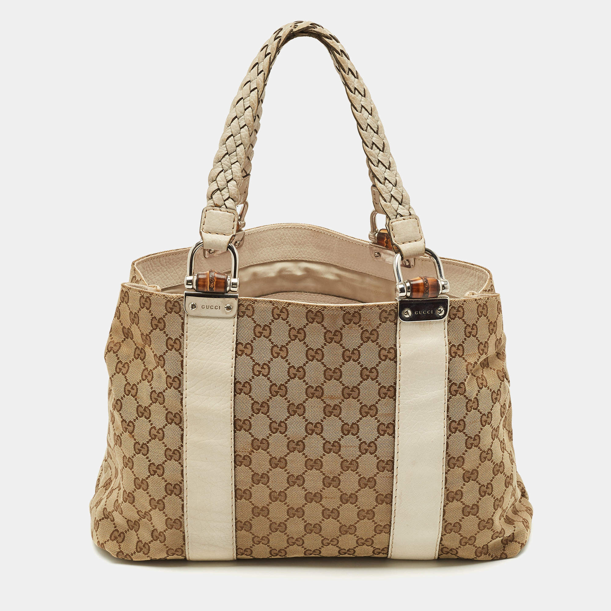 Gucci Off White/beige GG Canvas Medium Bamboo Bar Tote