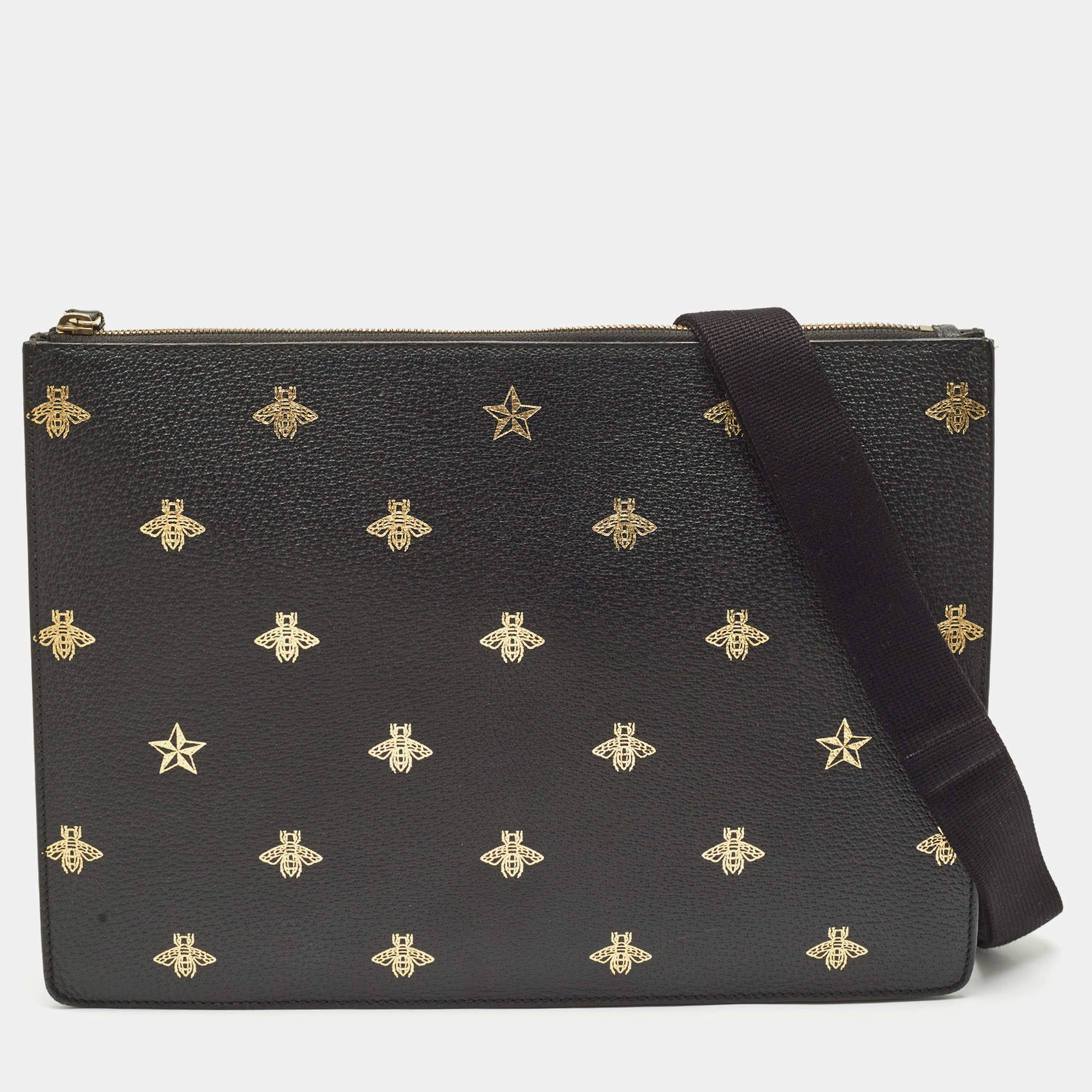 Gucci Black Leather Bee Star Messenger Bag