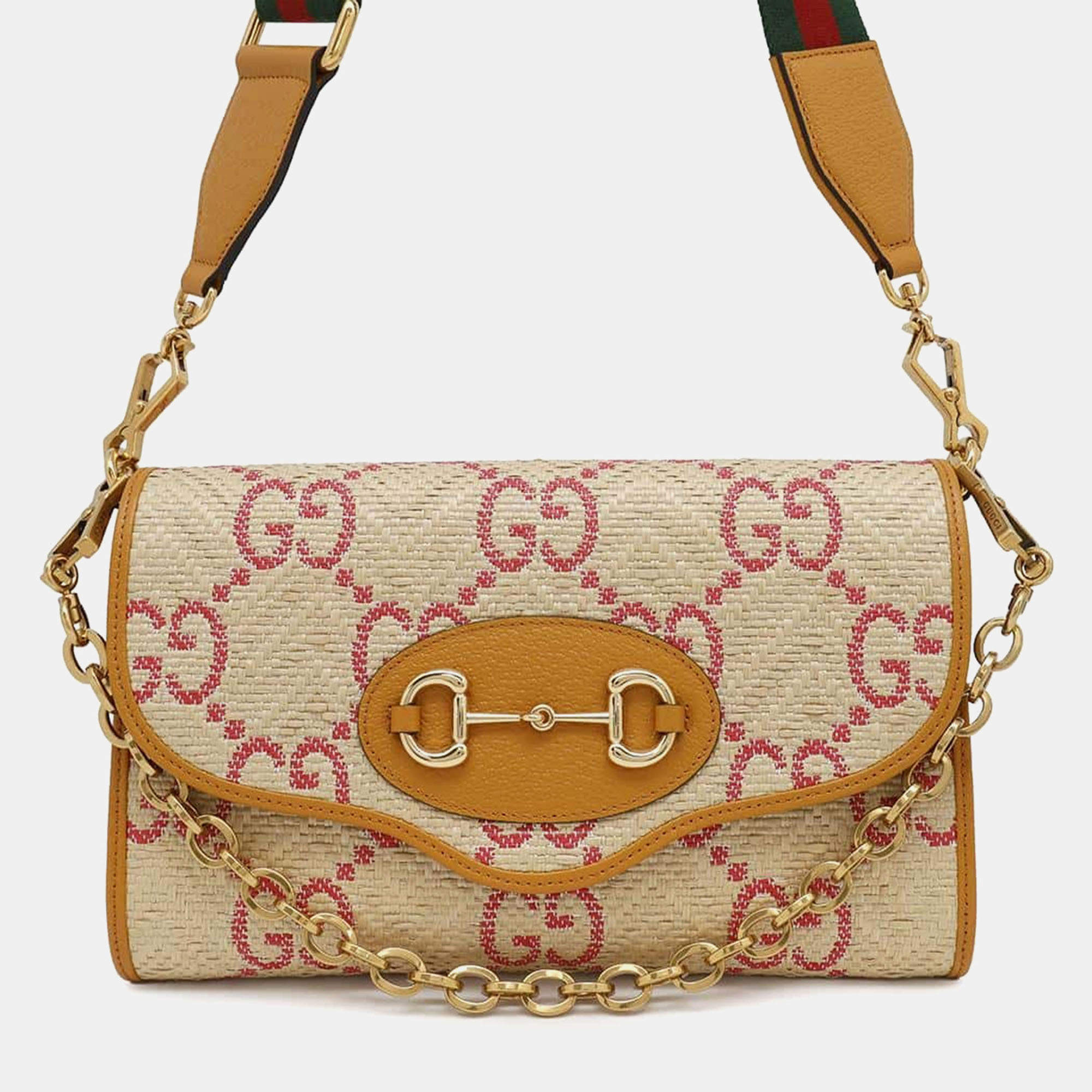 Gucci Beige Yellow Raffia Leather Horsebit Shoulder Bag