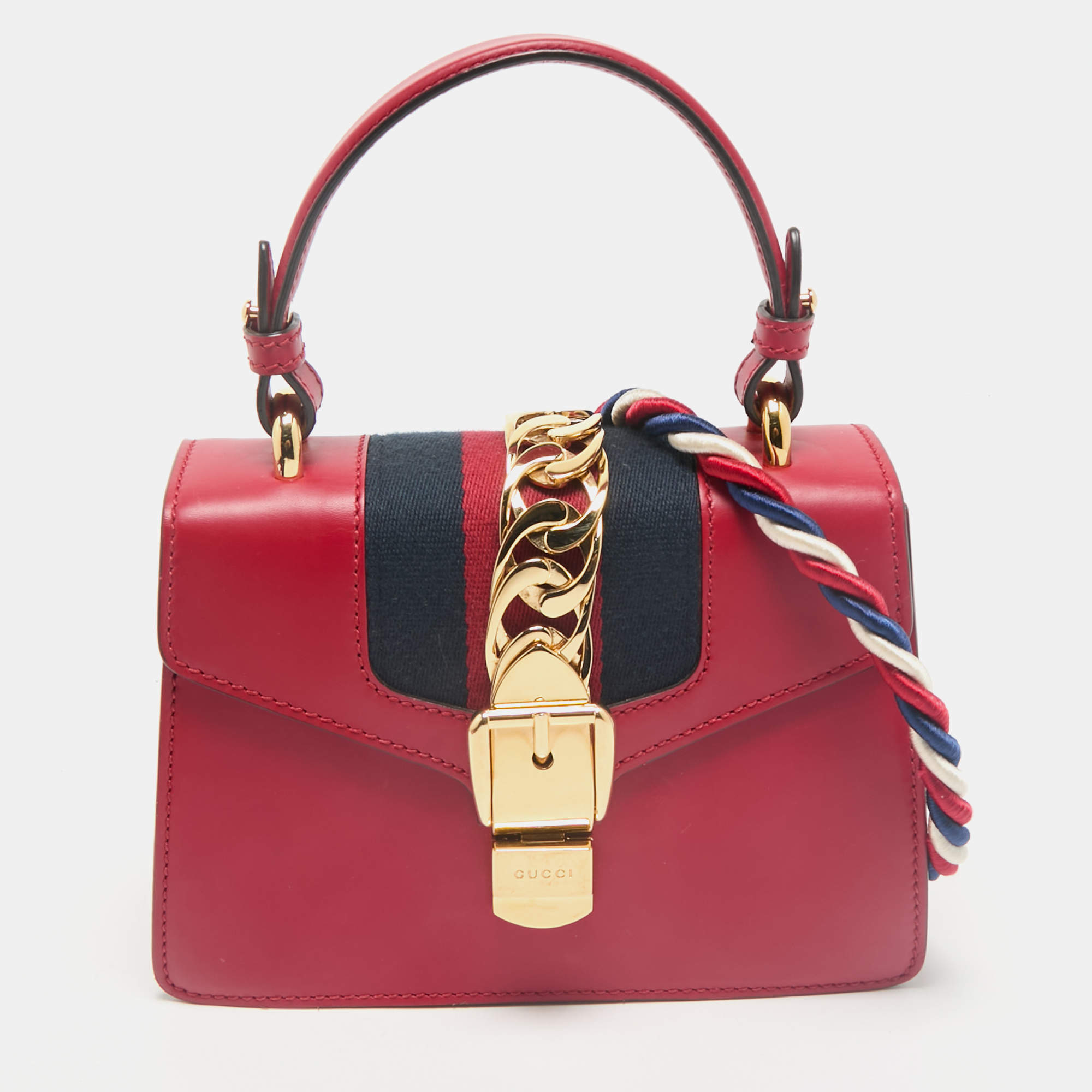 Gucci Red Leather Mini Web Sylvie Top Handle Bag