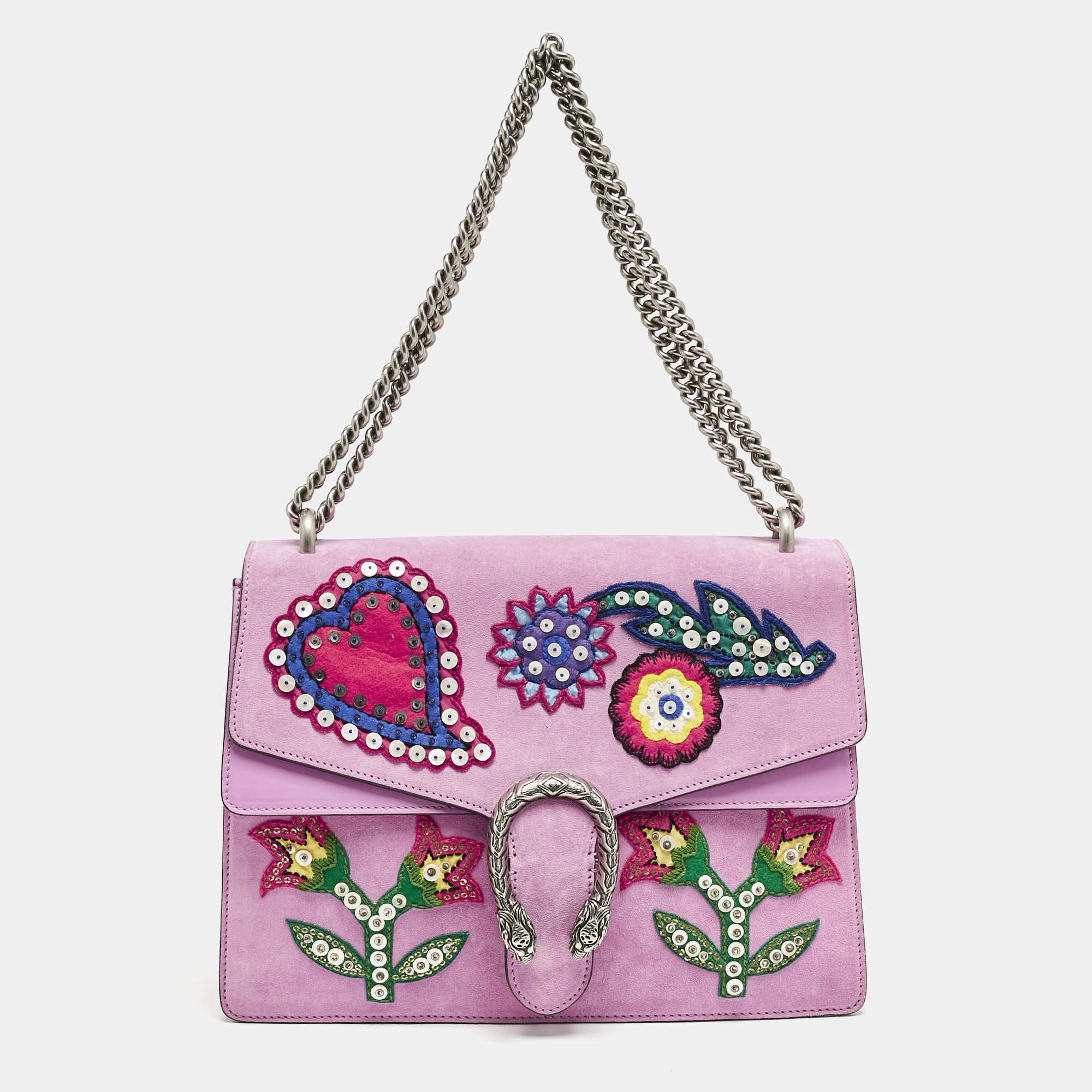 Gucci Pink Suede Medium Patched Embellished Dionysus Shoulder Bag