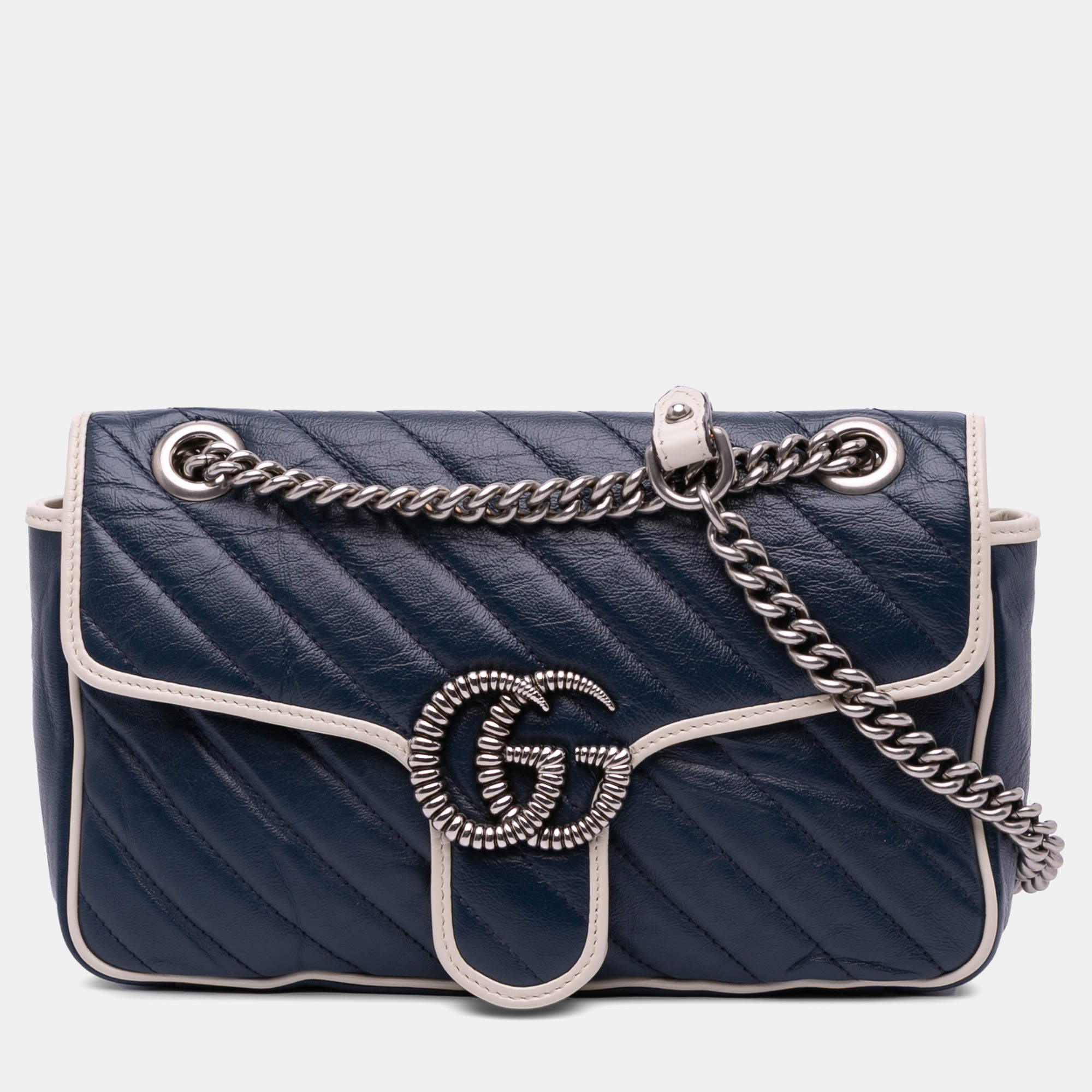 Gucci Navy Blue Small GG Marmont Leather Matelasse Torchon Flap Crossbody