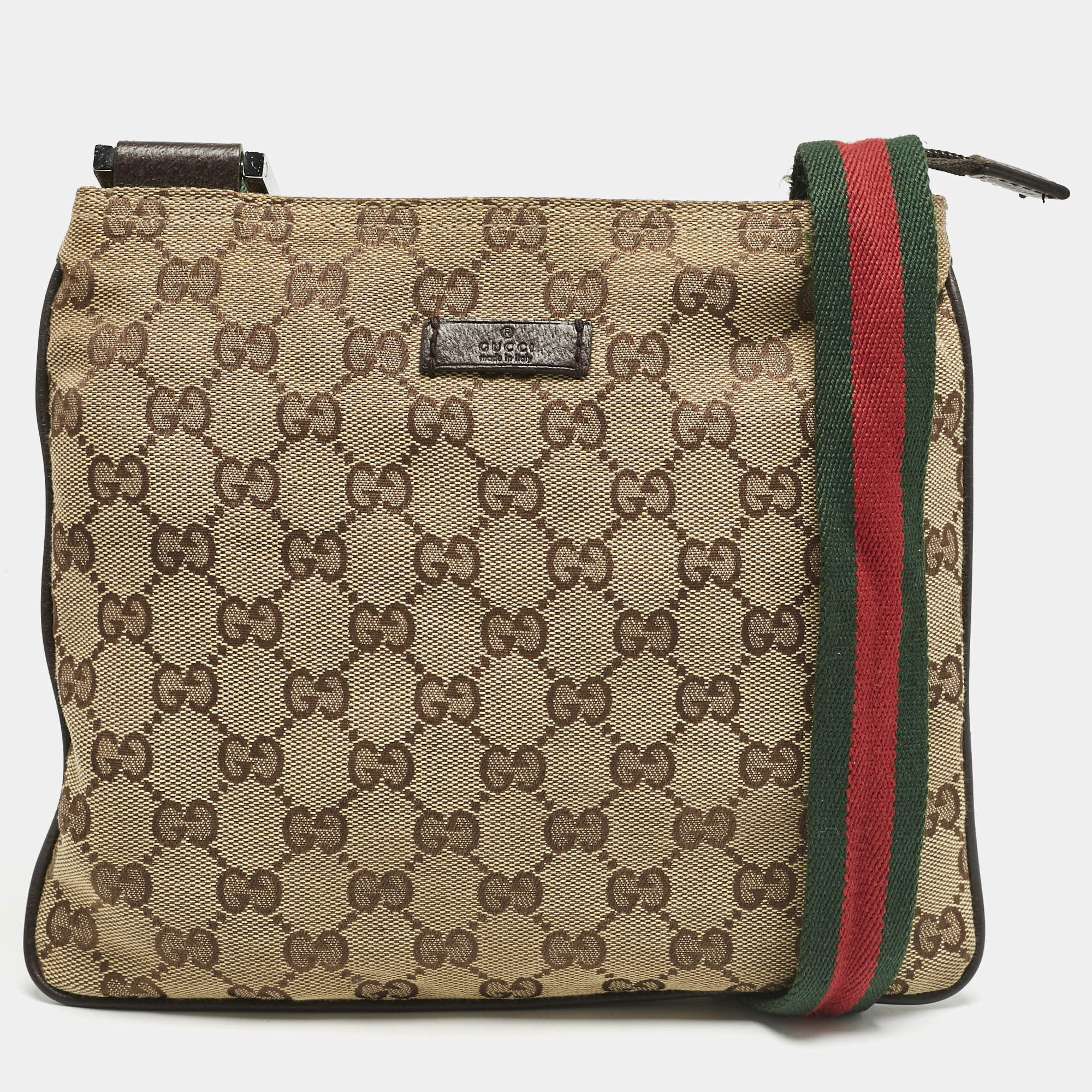 Pre Owned Gucci Beige GG Canvas Web Flat Messenger Bag