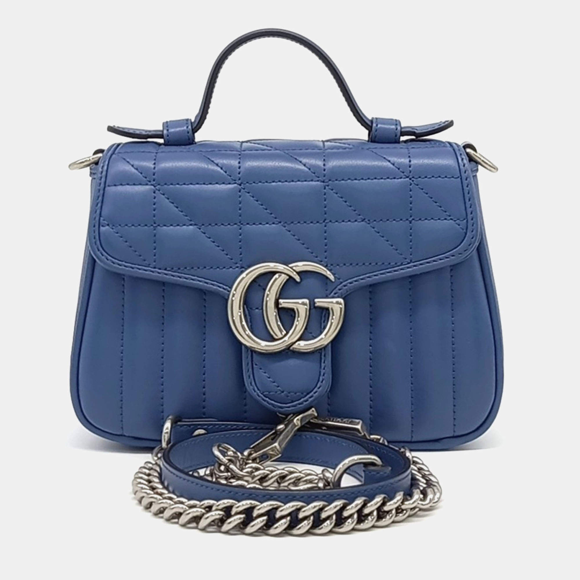 Gucci Blue Leather GG Marmont Mini Top Handle Bag