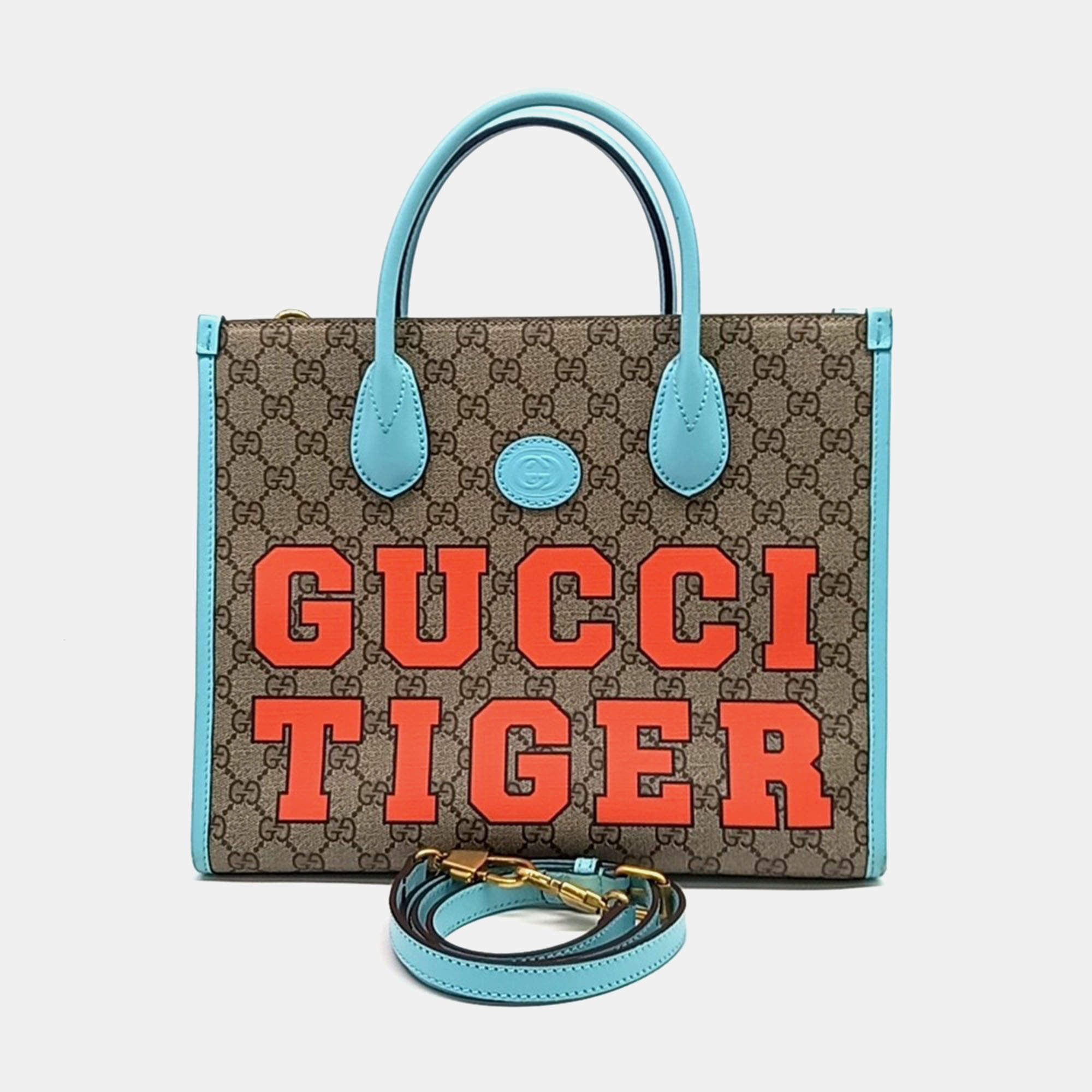 Gucci Beige Blue Coated Canvas Tiger GG Small Tote Bag