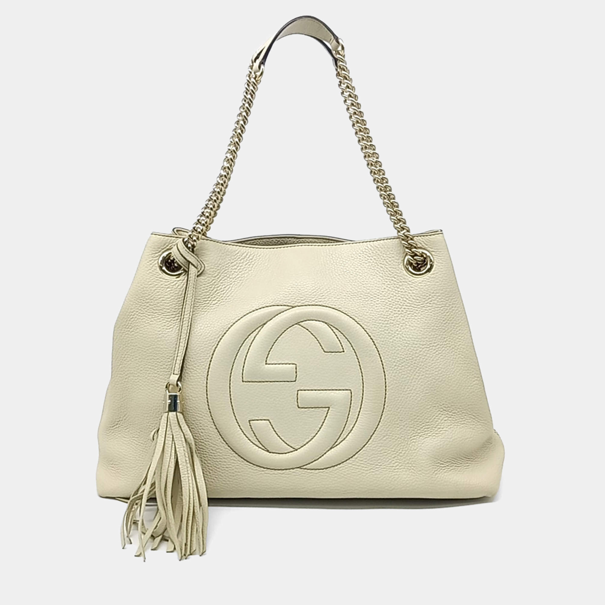 Pre Owned Gucci Beige Leather Tassel Chain Shoulder Bag