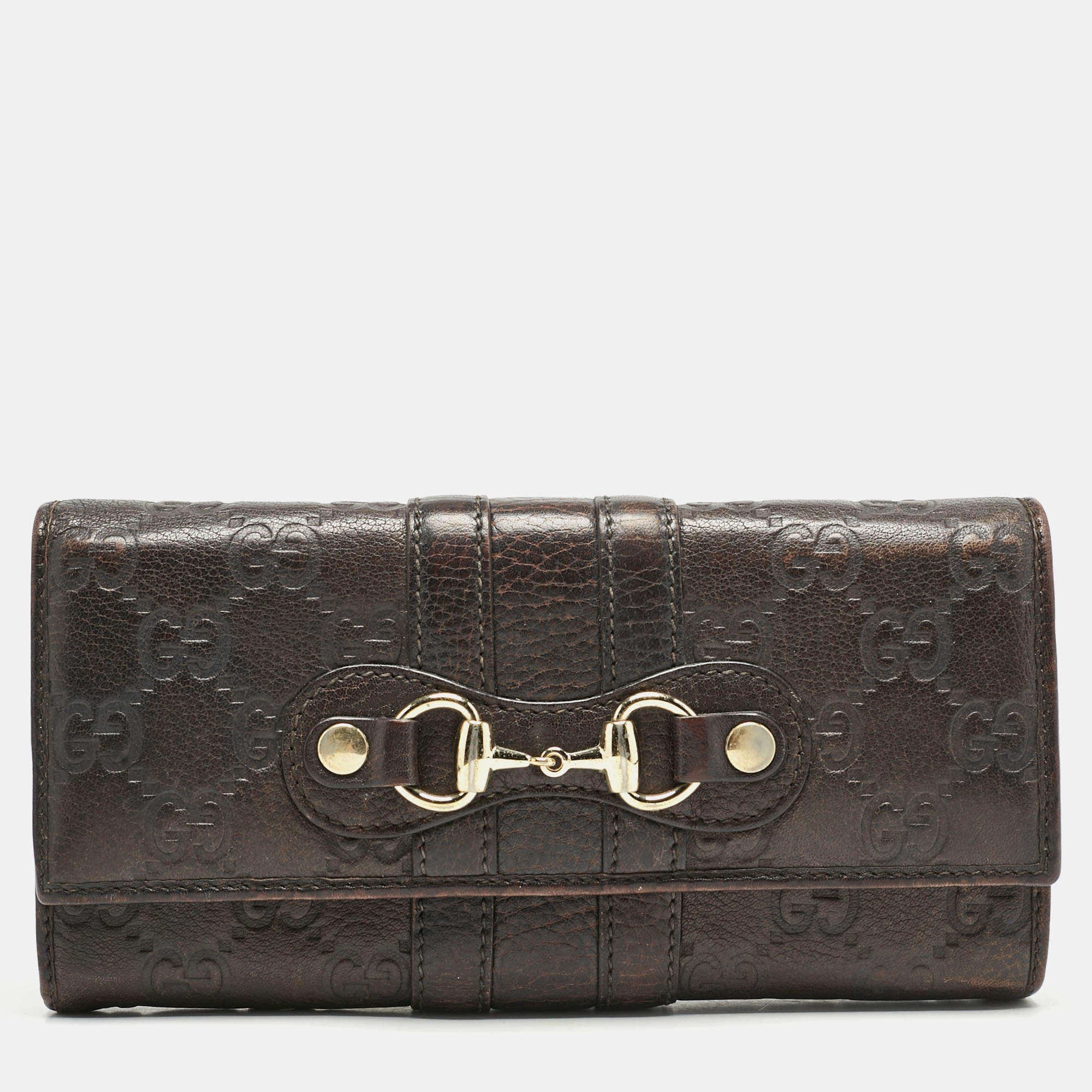 Gucci Dark Brown Guccissima Leather Horsebit Flap Continental Wallet
