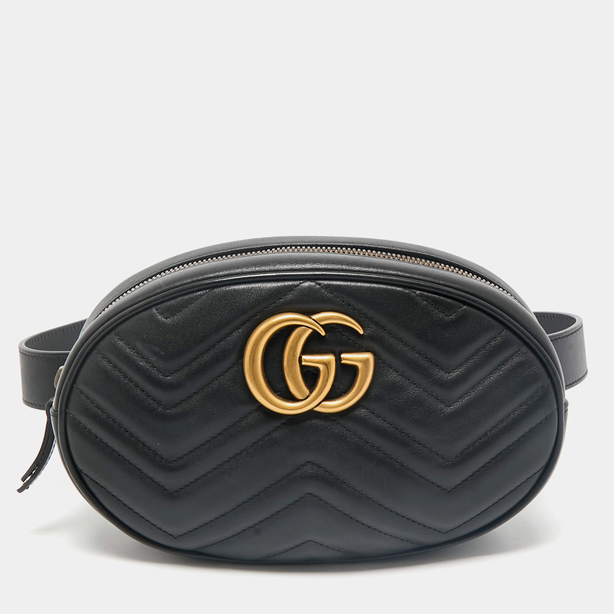 Gucci Black Matelassé Leather GG Marmont Belt Bag