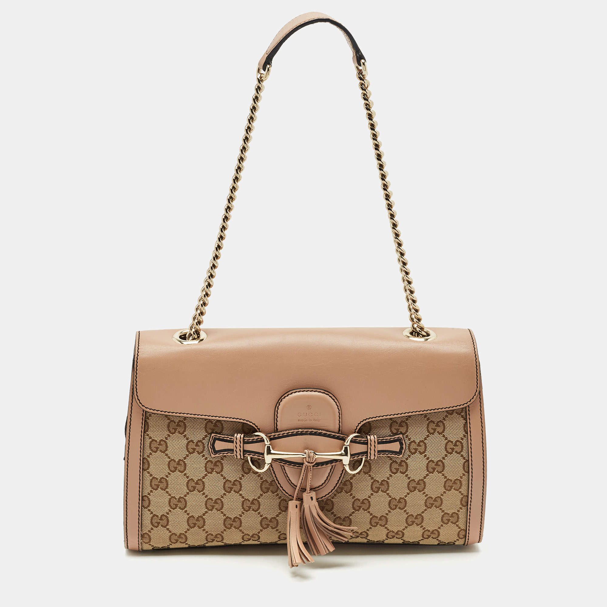 Gucci Beige GG Canvas and Leather Medium Emily Chain Shoulder Bag