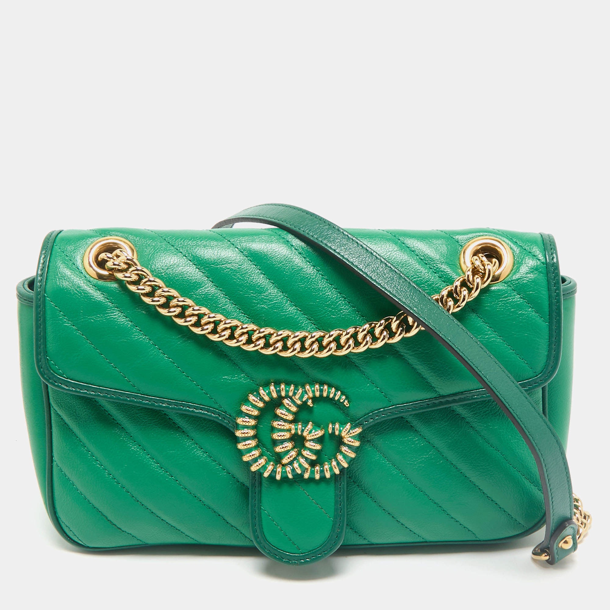 Gucci Green Diagonal Quilt Leather Small GG Marmont Torchon Shoulder Bag